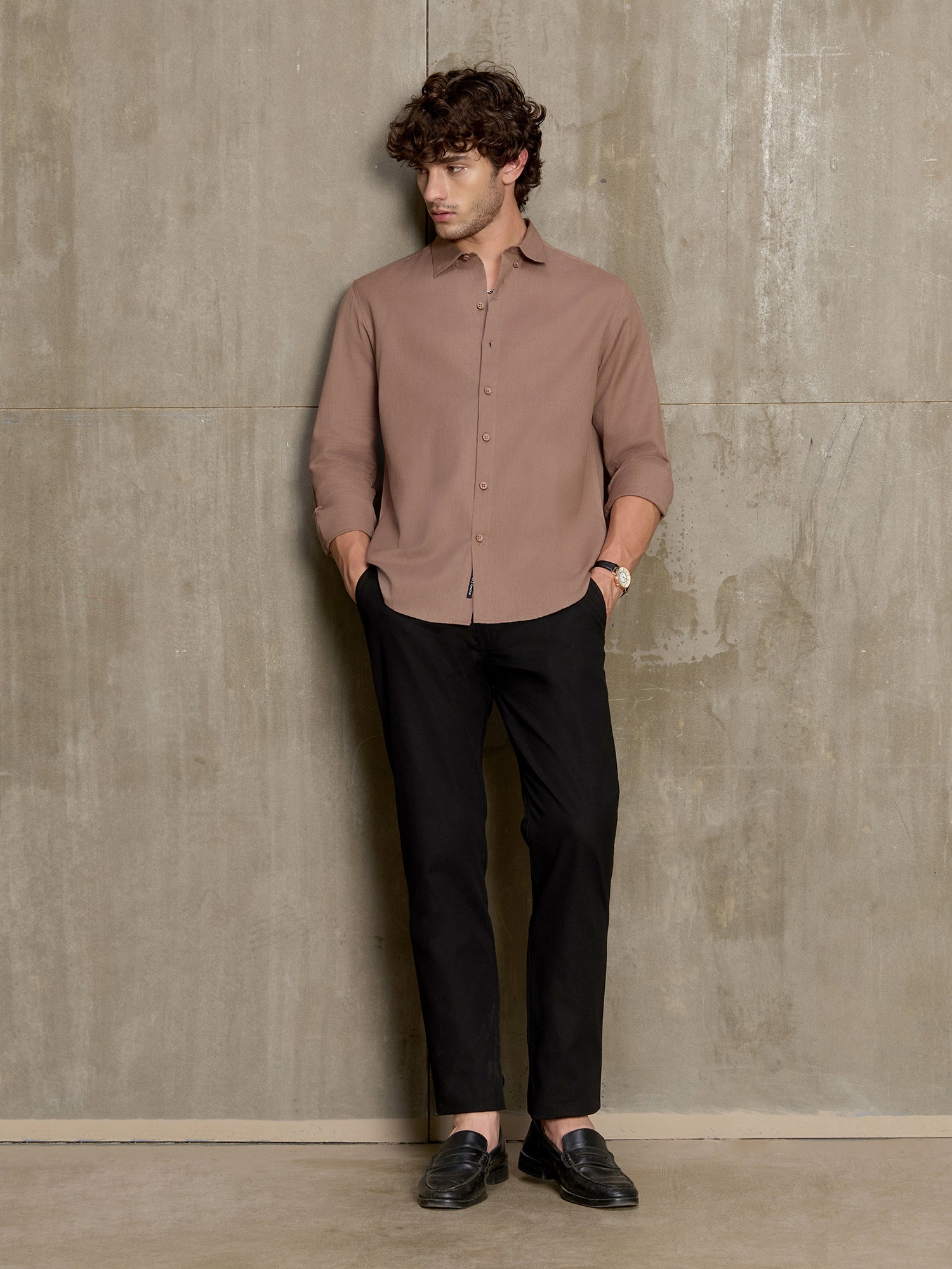 Men Light Brown Solid Full Sleeve Casual Shirt