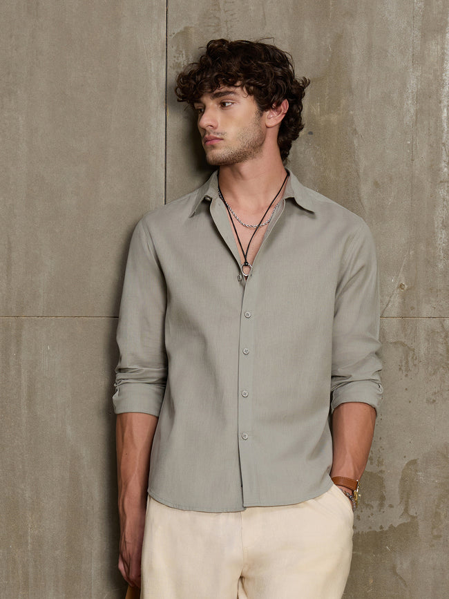 Men Sage Green Solid Full Sleeve Casual Shirt