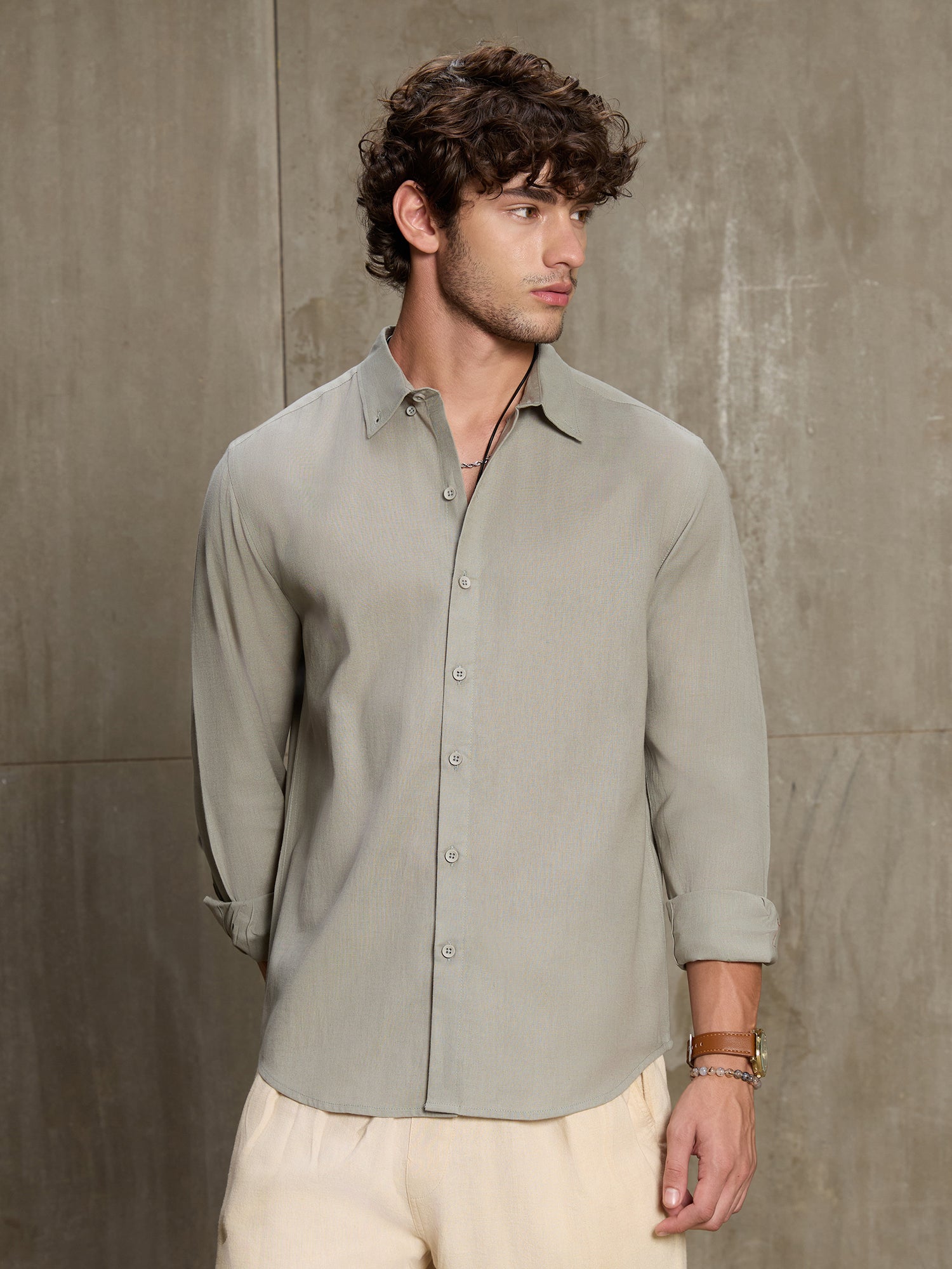 Men Sage Green Solid Full Sleeve Casual Shirt