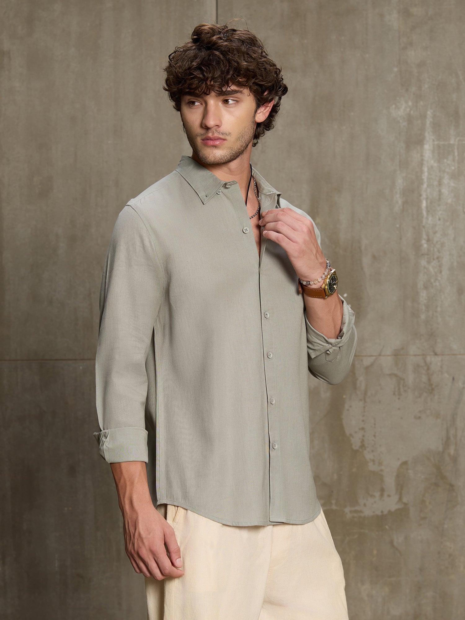 Men Sage Green Solid Full Sleeve Casual Shirt
