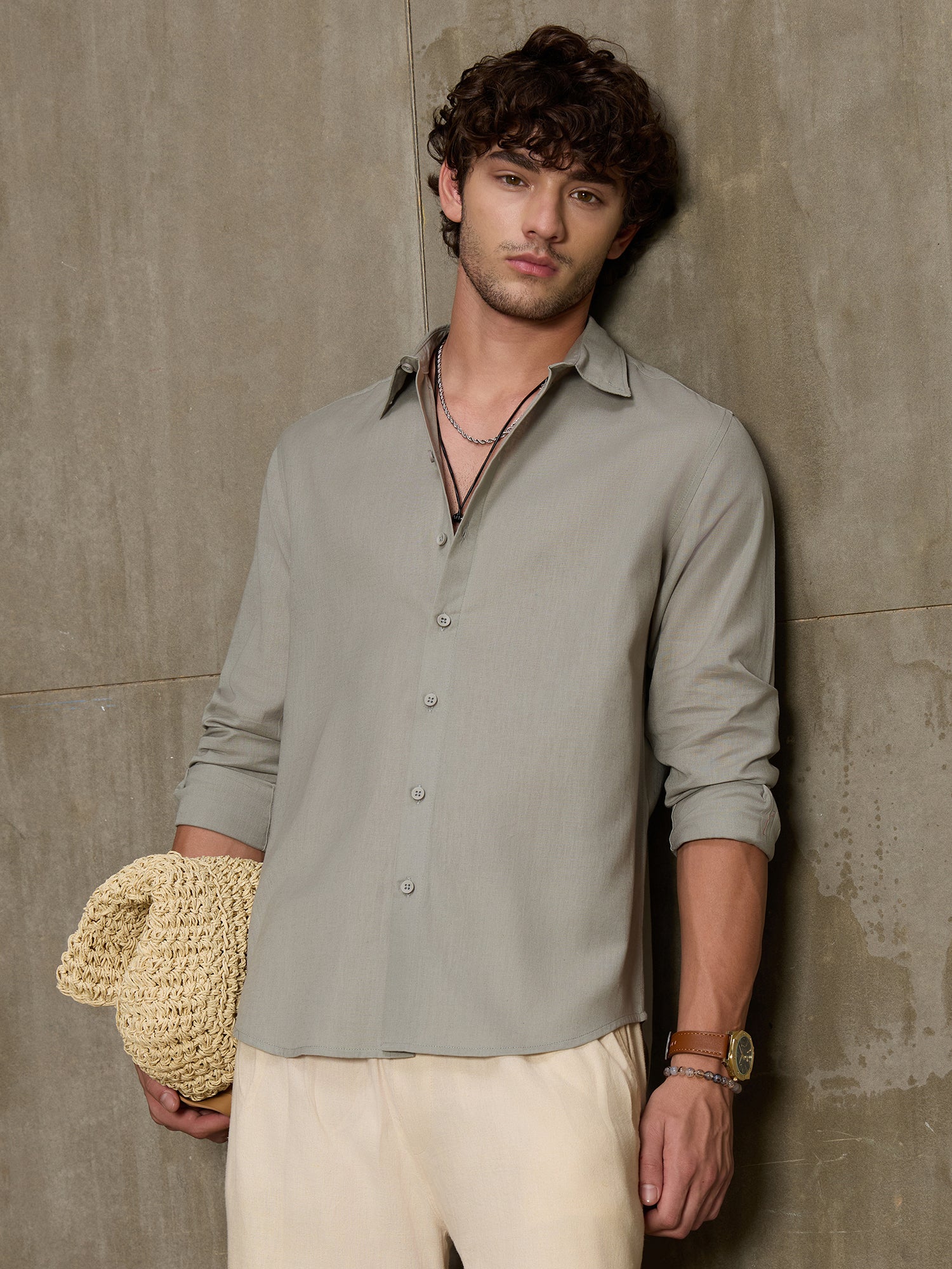 Men Sage Green Solid Full Sleeve Casual Shirt