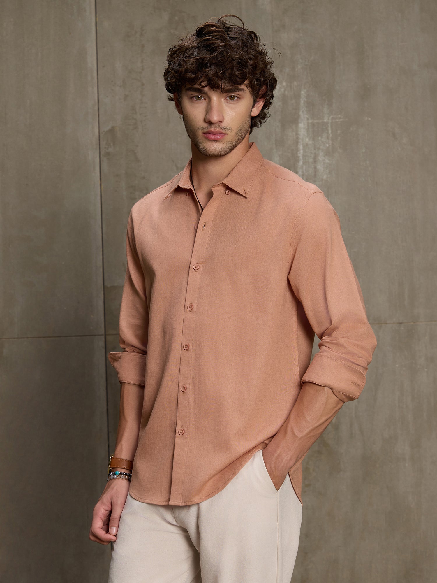 Men Peach Solid Full Sleeve Casual Shirt