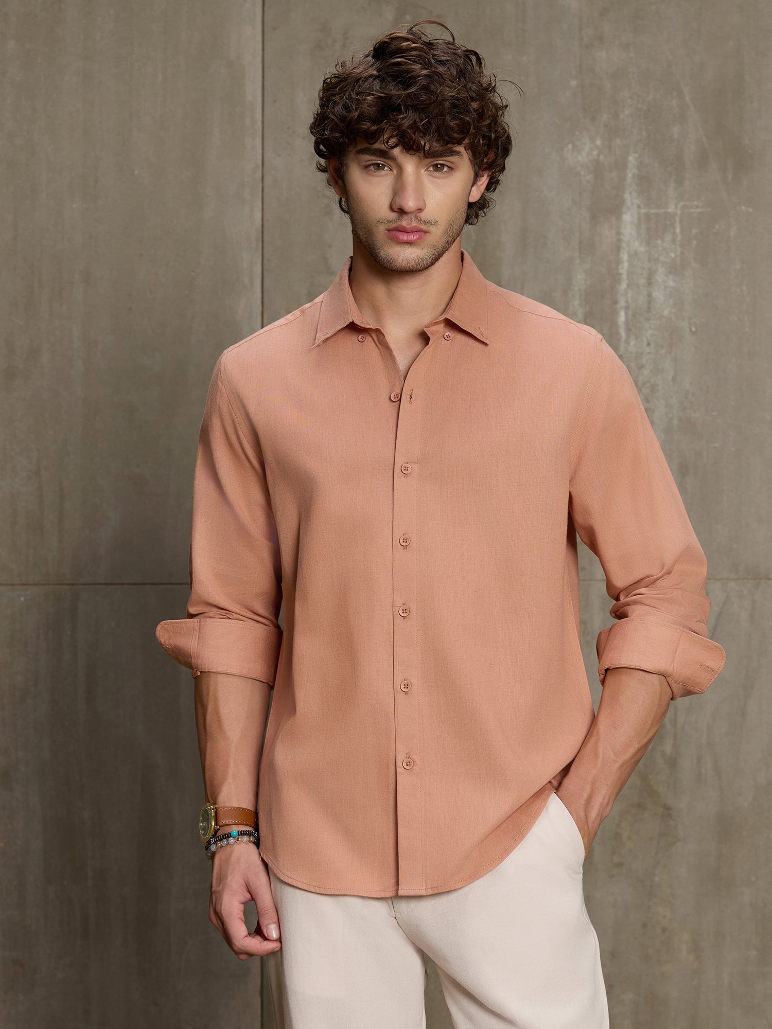 Men Peach Solid Full Sleeve Casual Shirt