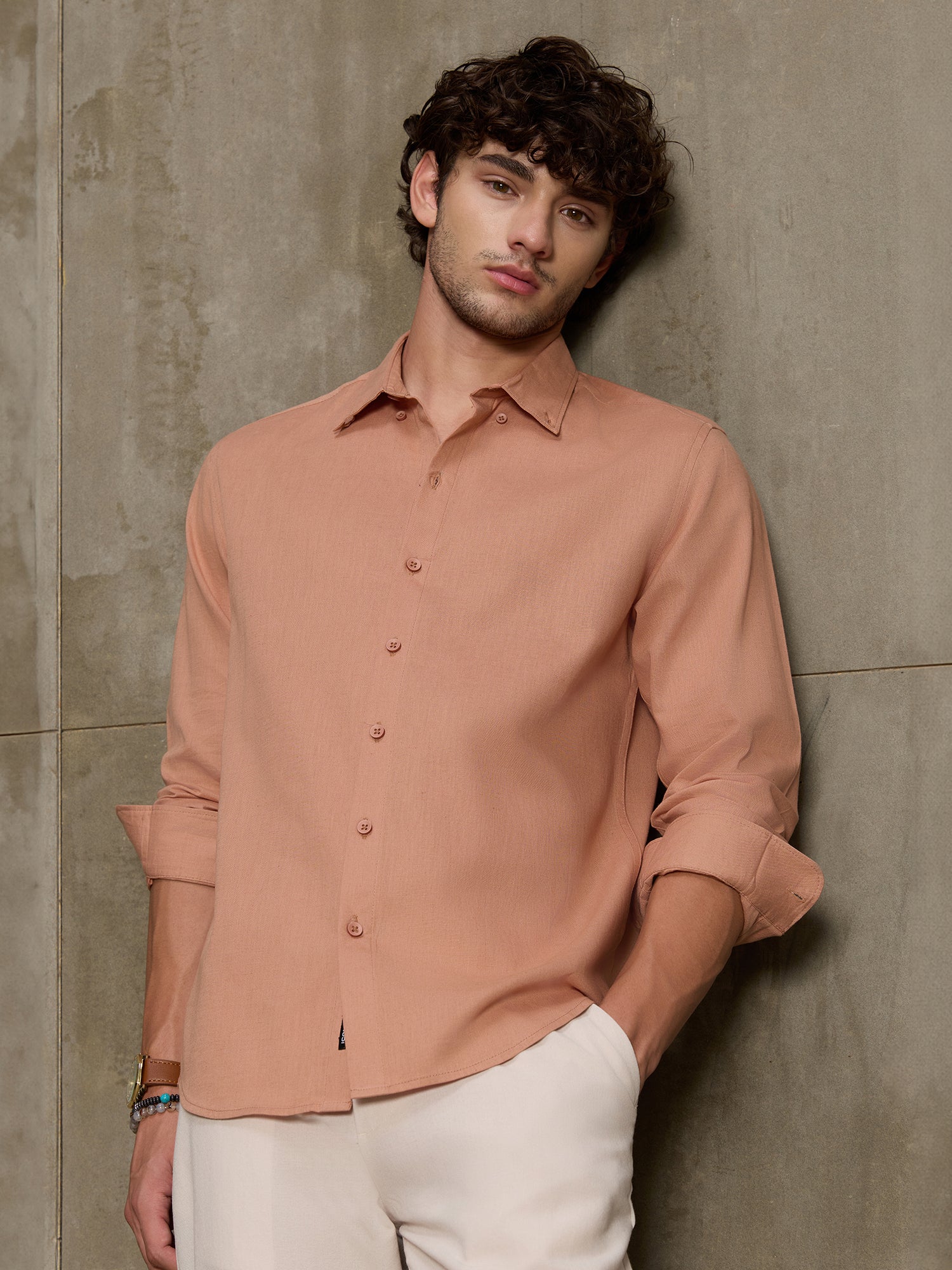 Men Peach Solid Full Sleeve Casual Shirt