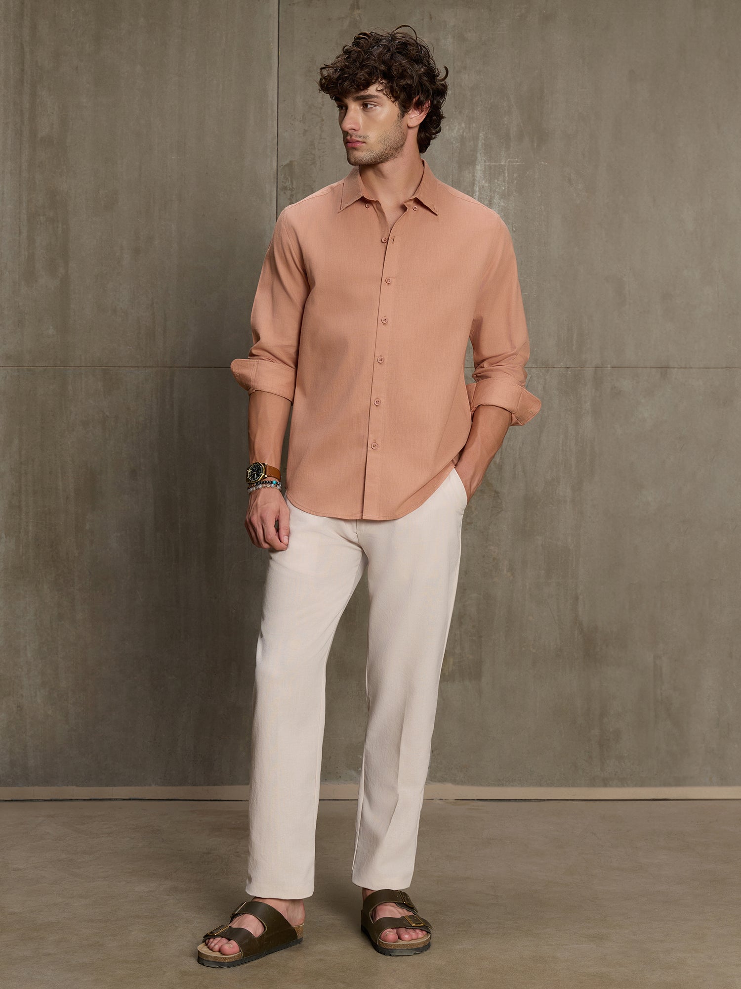 Men Peach Solid Full Sleeve Casual Shirt