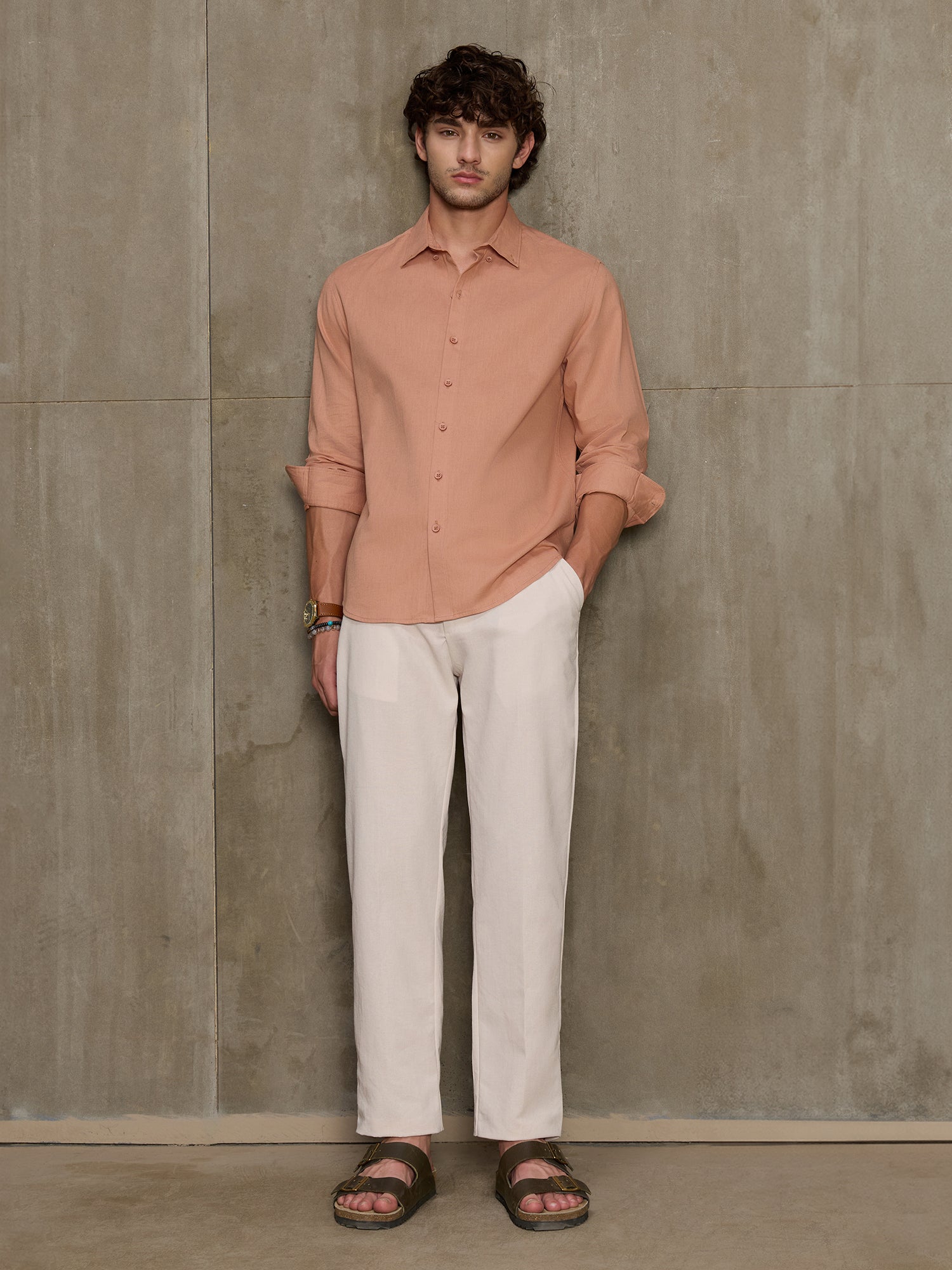 Men Peach Solid Full Sleeve Casual Shirt