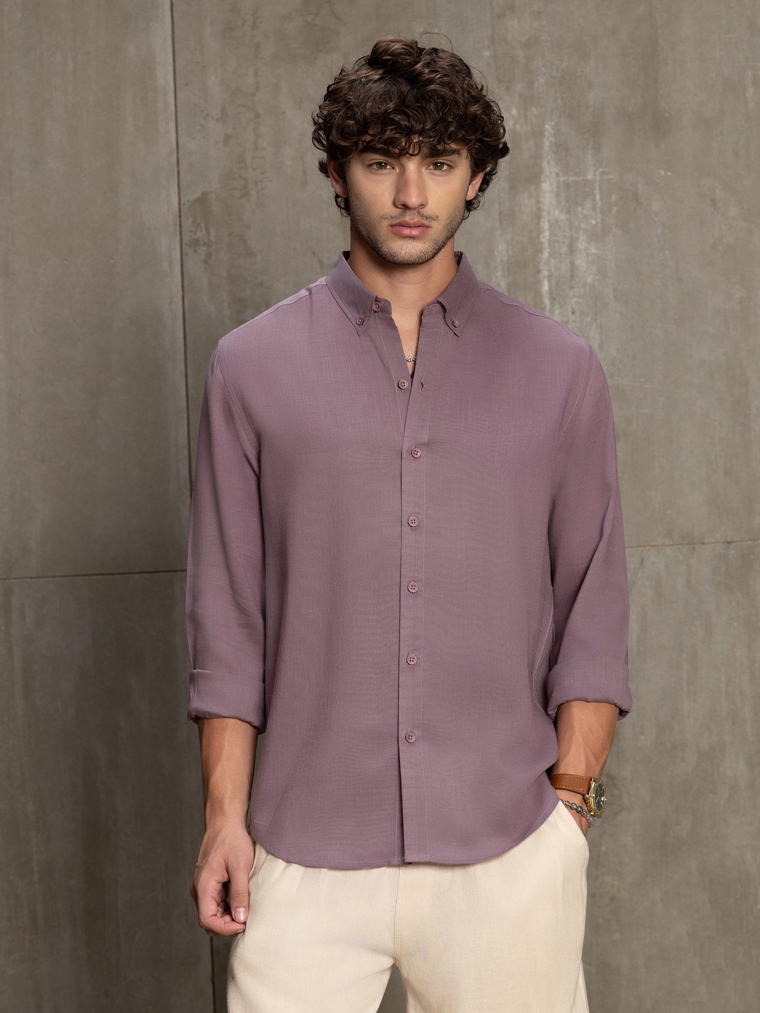 Men Lavender Solid Full Sleeve Casual Shirt