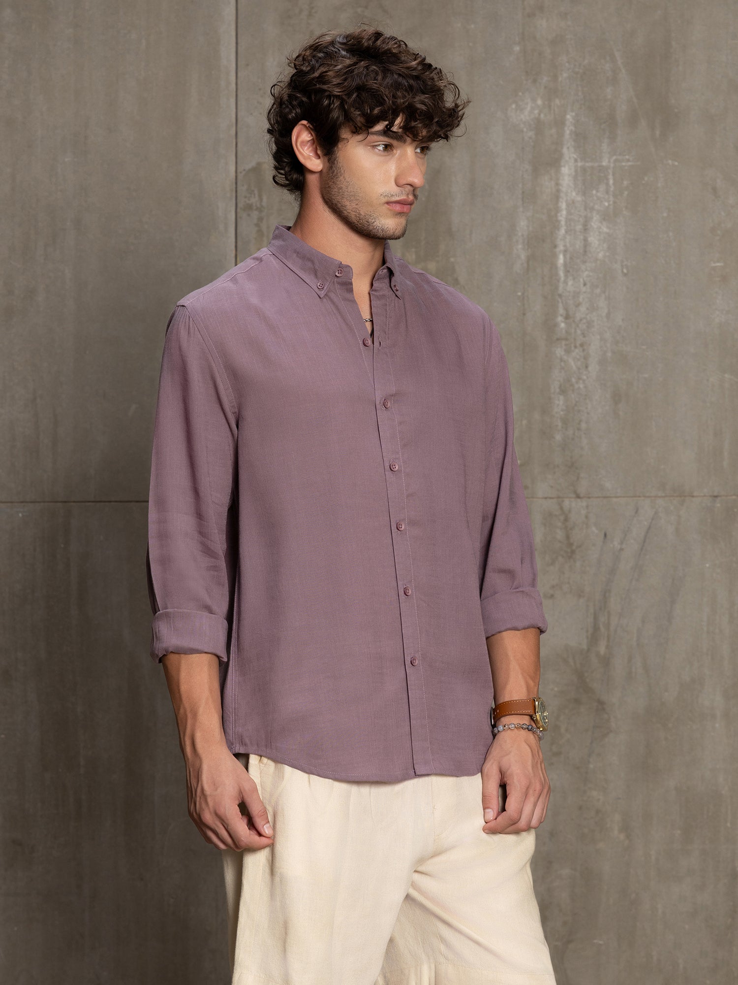 Men Lavender Solid Full Sleeve Casual Shirt