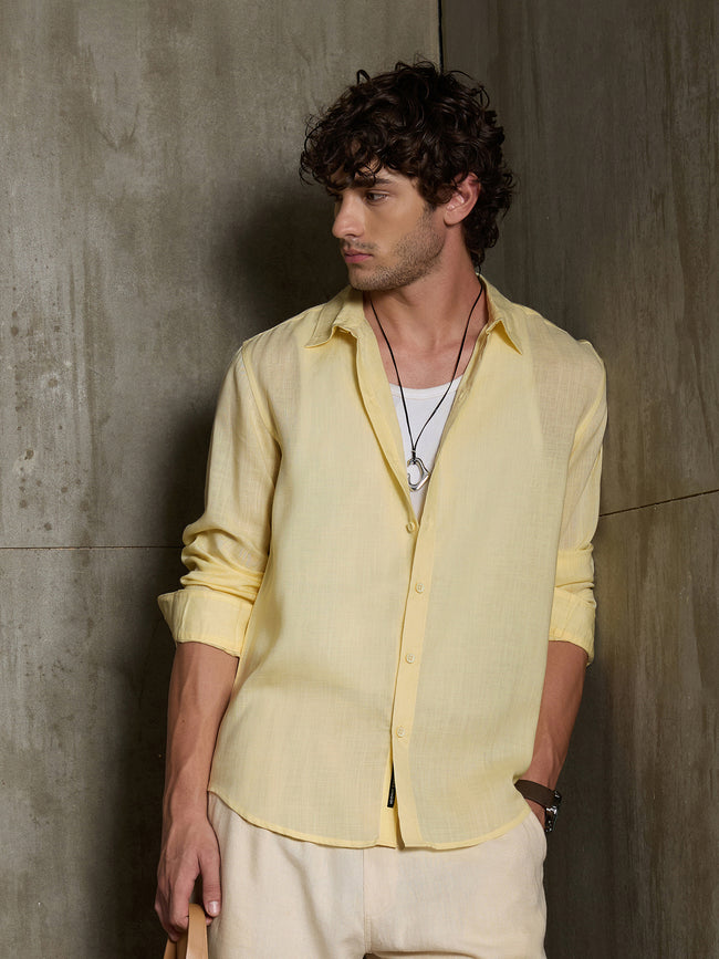 Men Yellow Solid Full Sleeve Casual Shirt