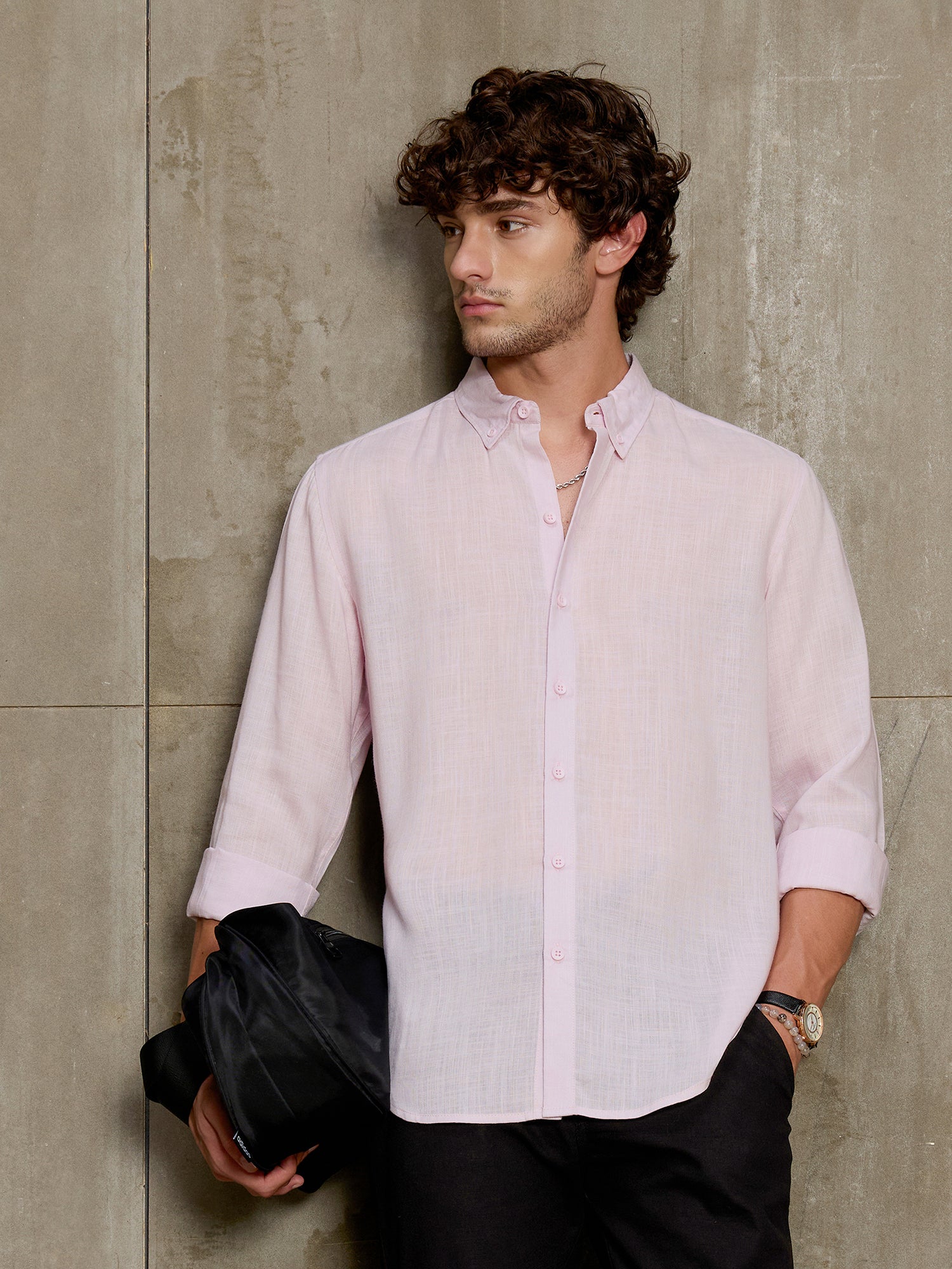 Men Light Pink Solid Full Sleeve Casual Shirt