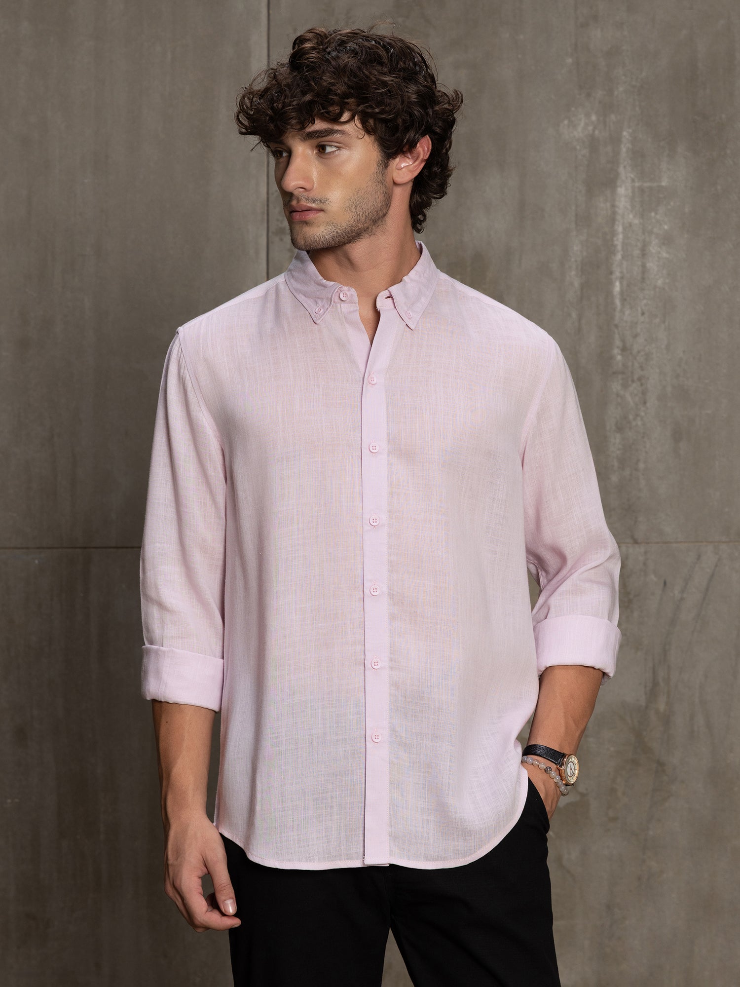 Men Light Pink Solid Full Sleeve Casual Shirt