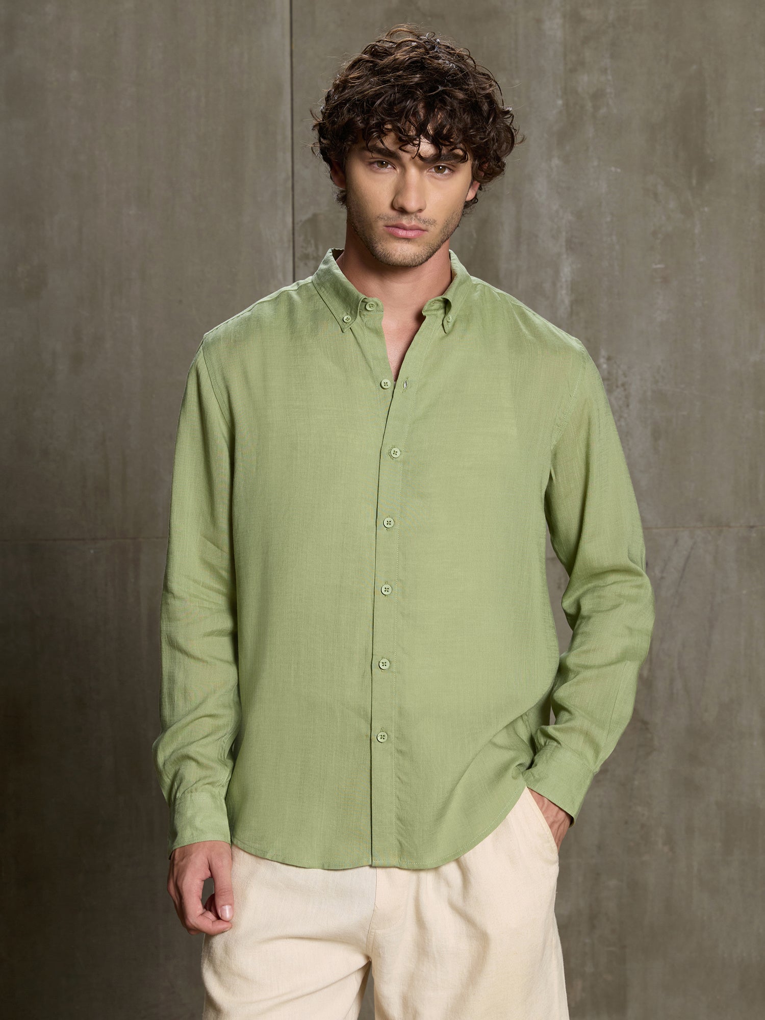Men Light Green Solid Full Sleeve Casual Shirt