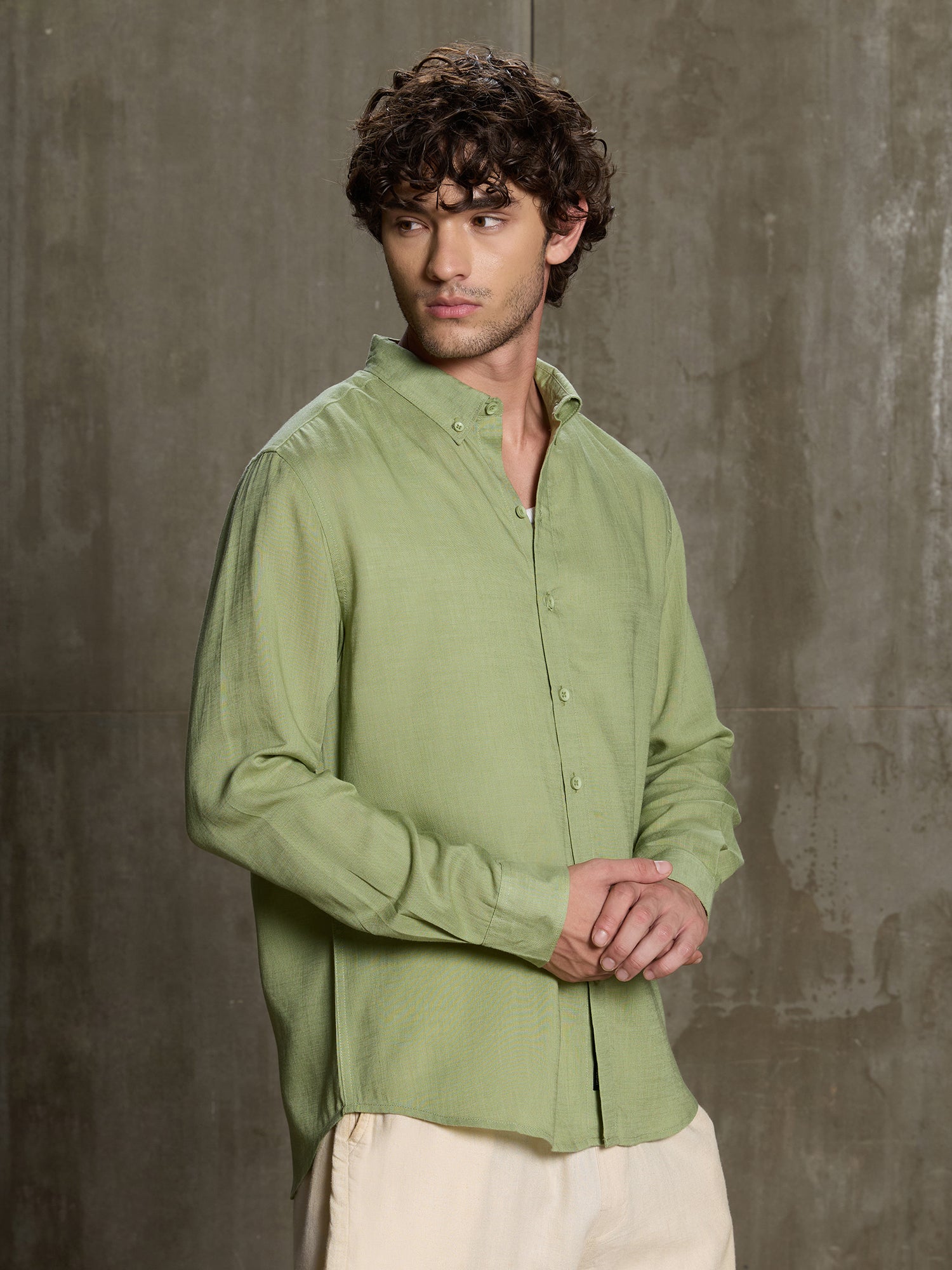 Men Light Green Solid Full Sleeve Casual Shirt