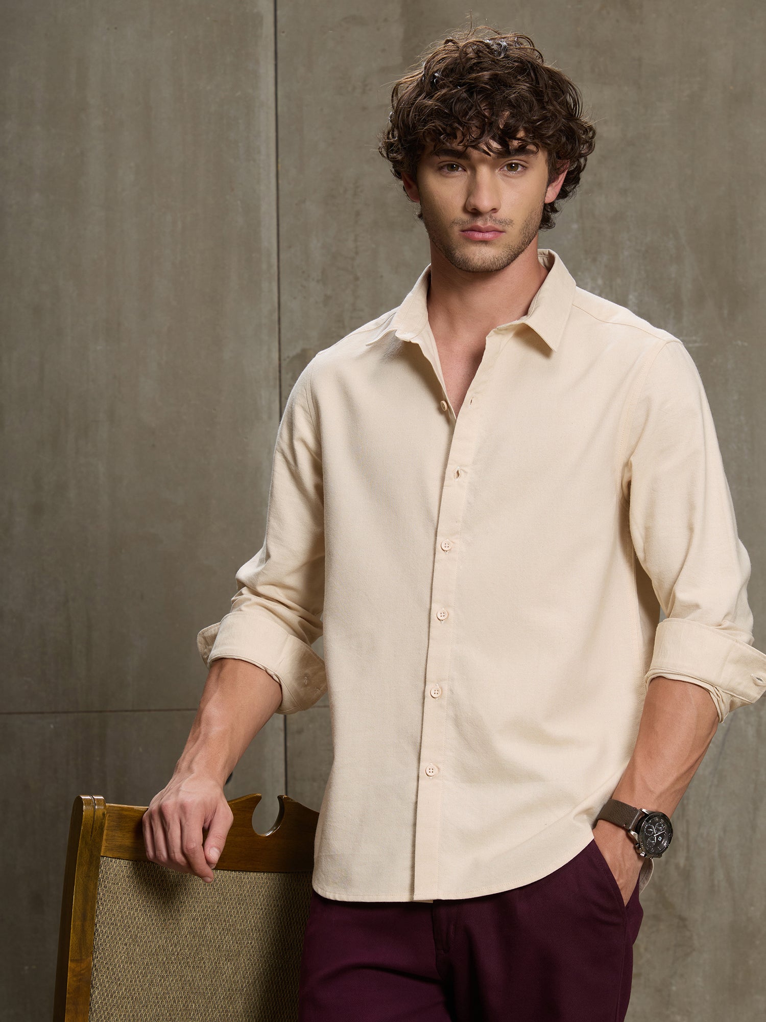 Men Cream Solid Full Sleeve Casual Shirt