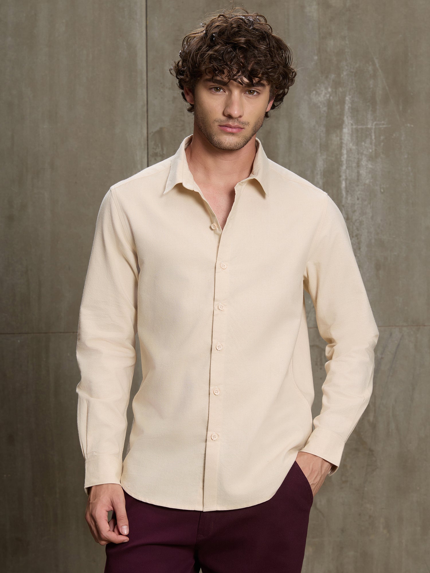 Men Cream Solid Full Sleeve Casual Shirt