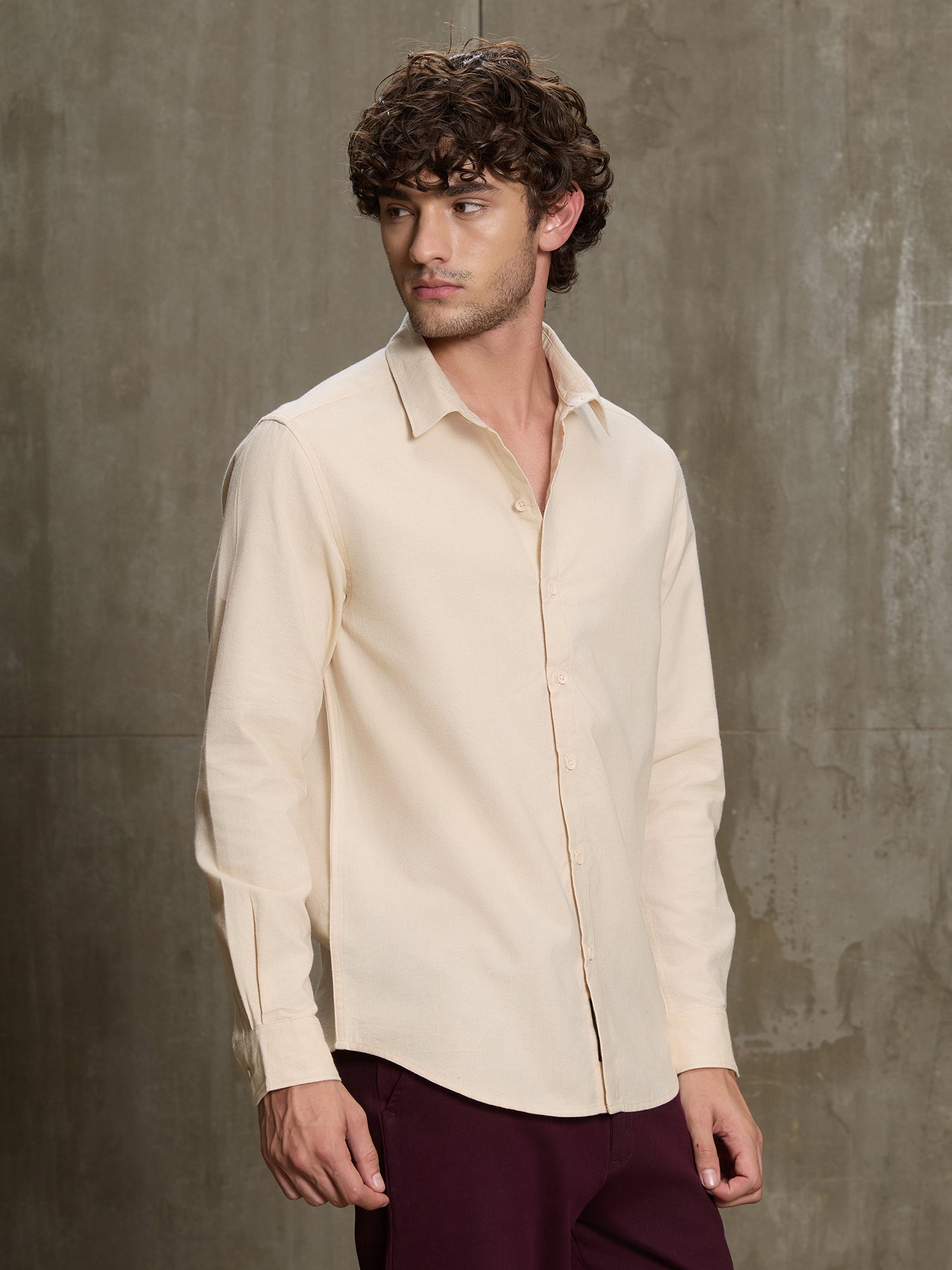 Men Cream Solid Full Sleeve Casual Shirt
