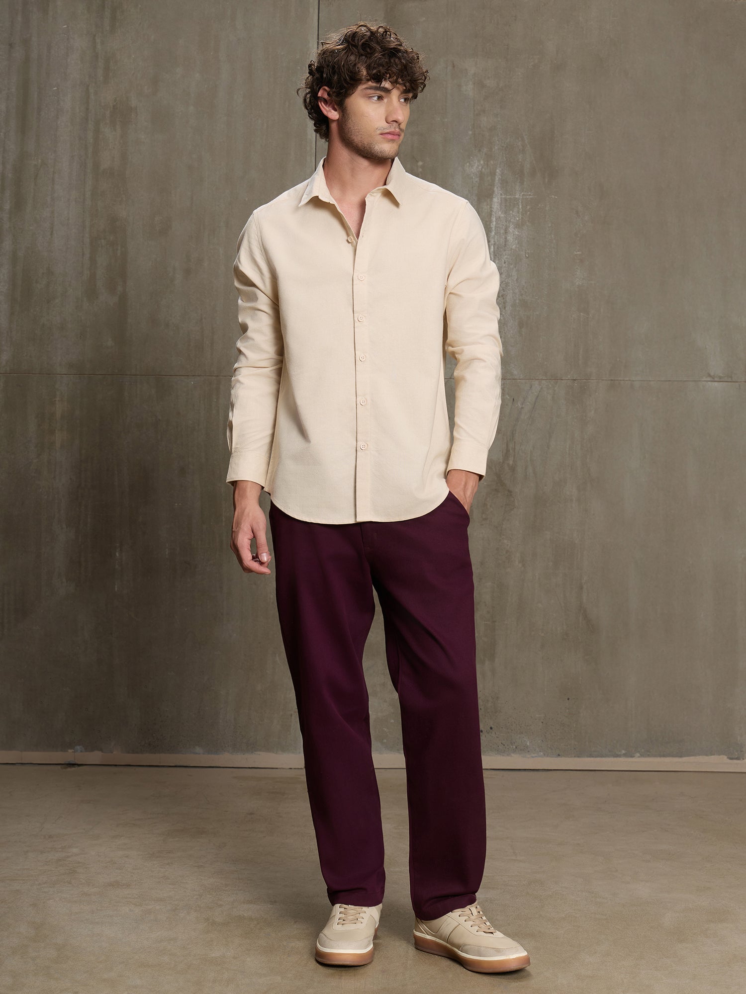 Men Cream Solid Full Sleeve Casual Shirt