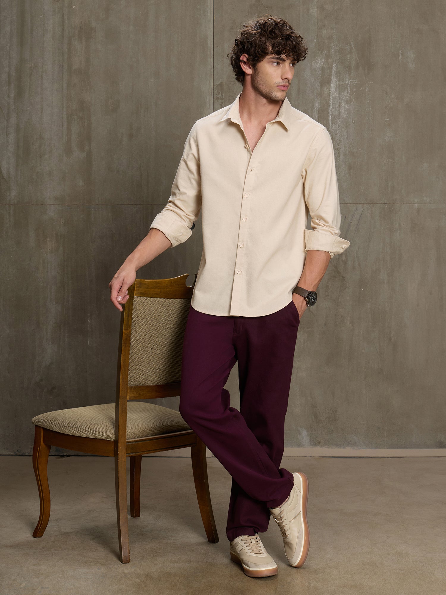 Men Cream Solid Full Sleeve Casual Shirt