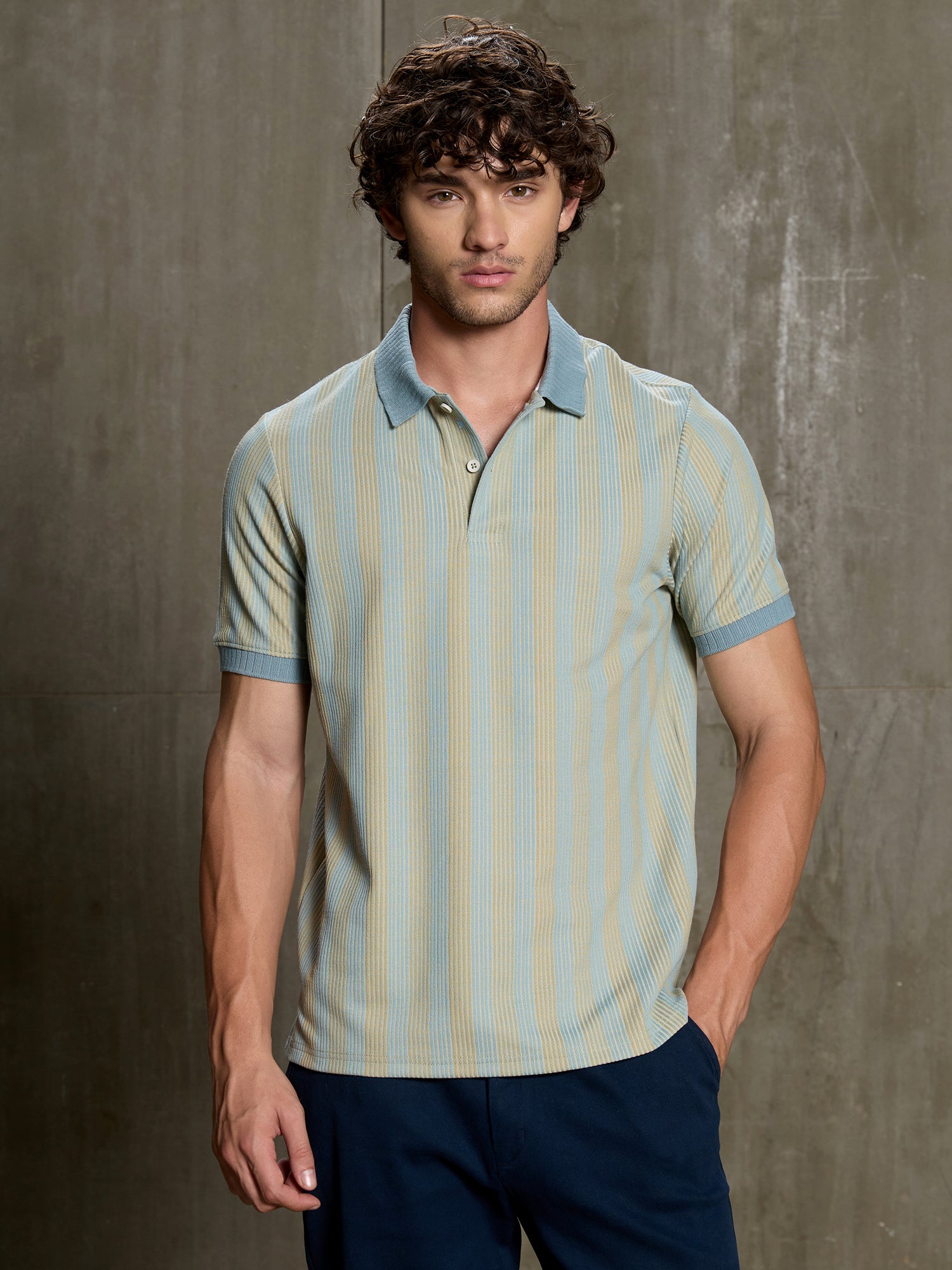 Men Light Blue Striped Half Sleeve Casual T-Shirt