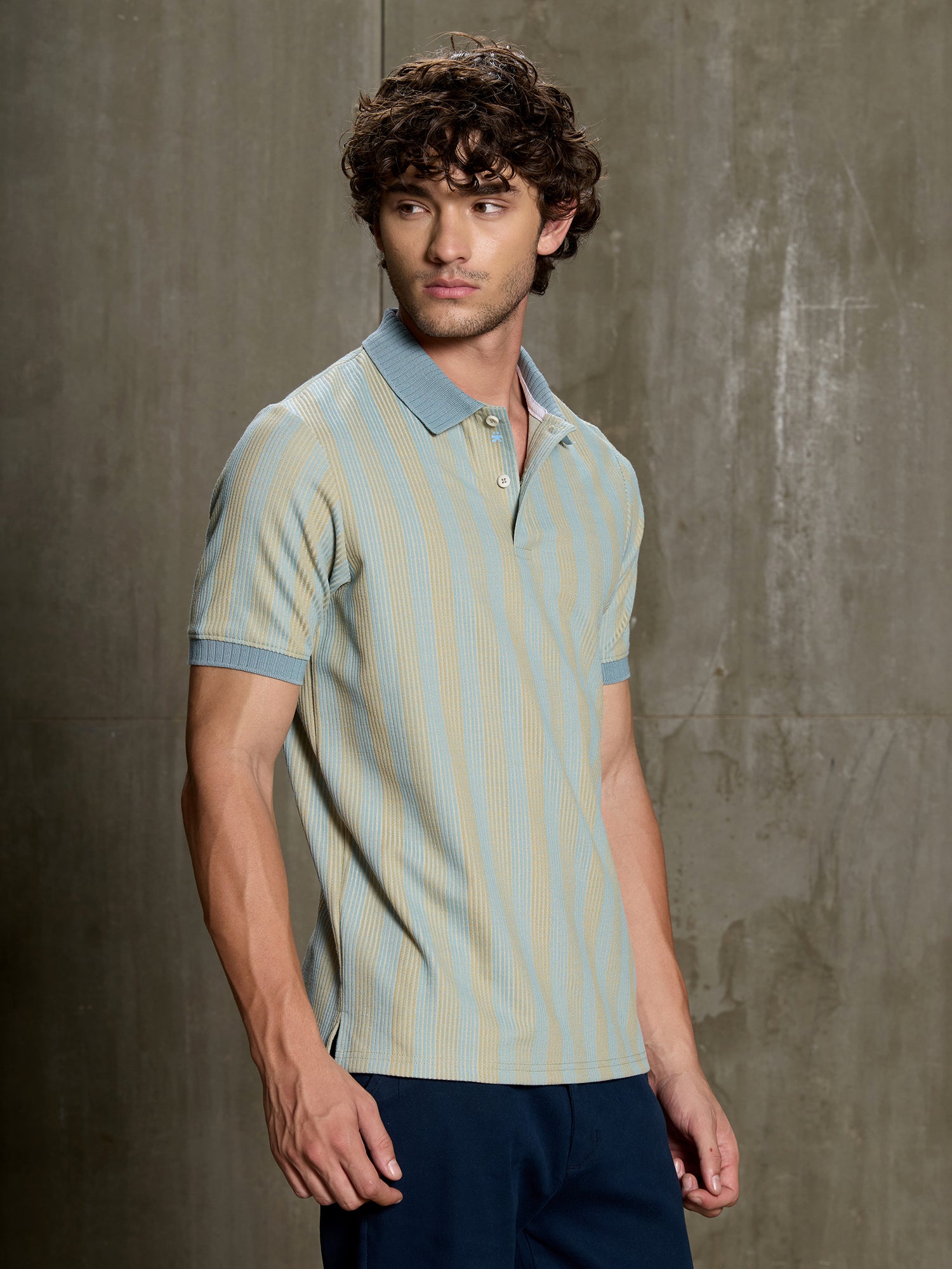 Men Light Blue Striped Half Sleeve Casual T-Shirt