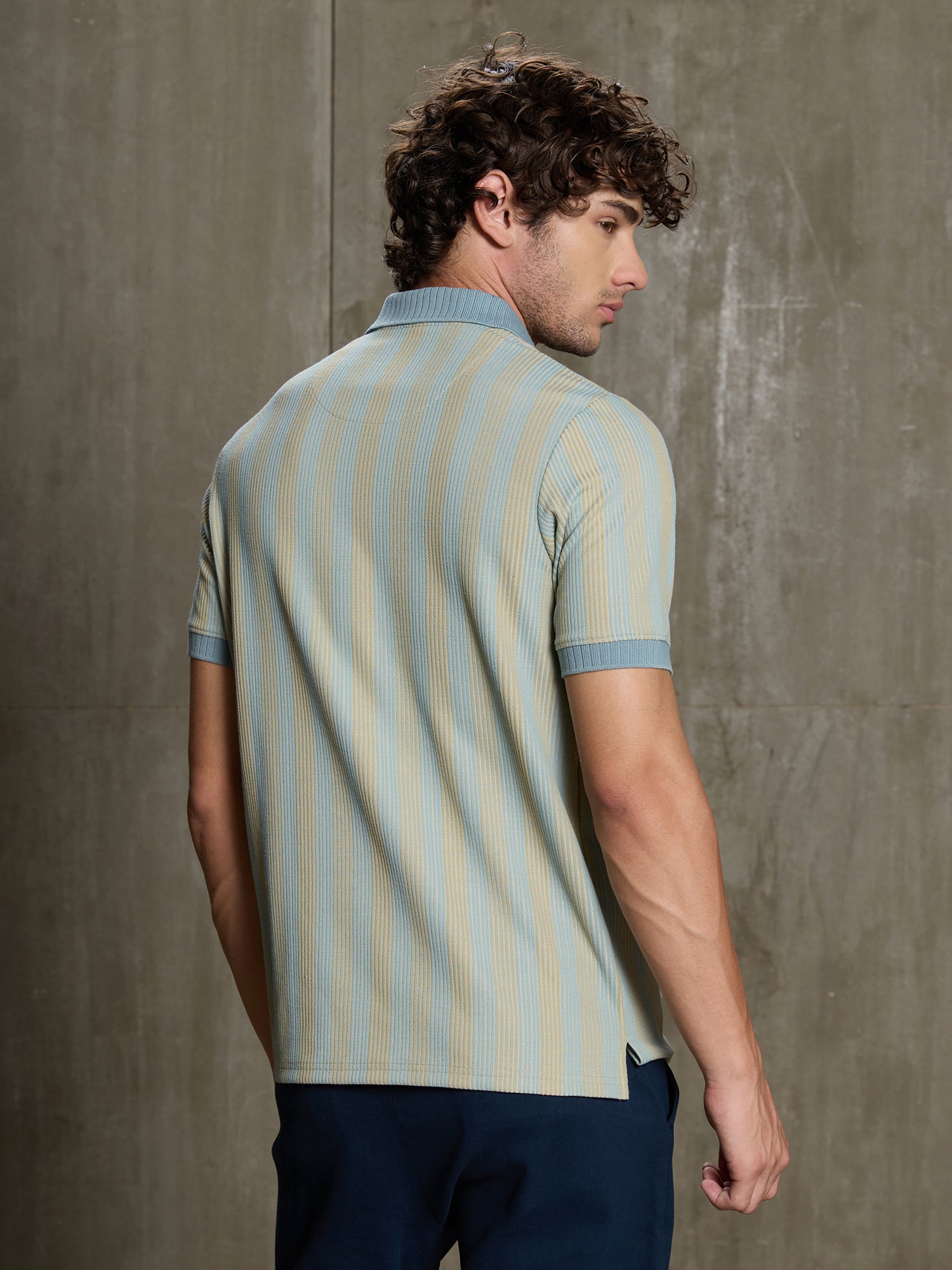 Men Light Blue Striped Half Sleeve Casual T-Shirt