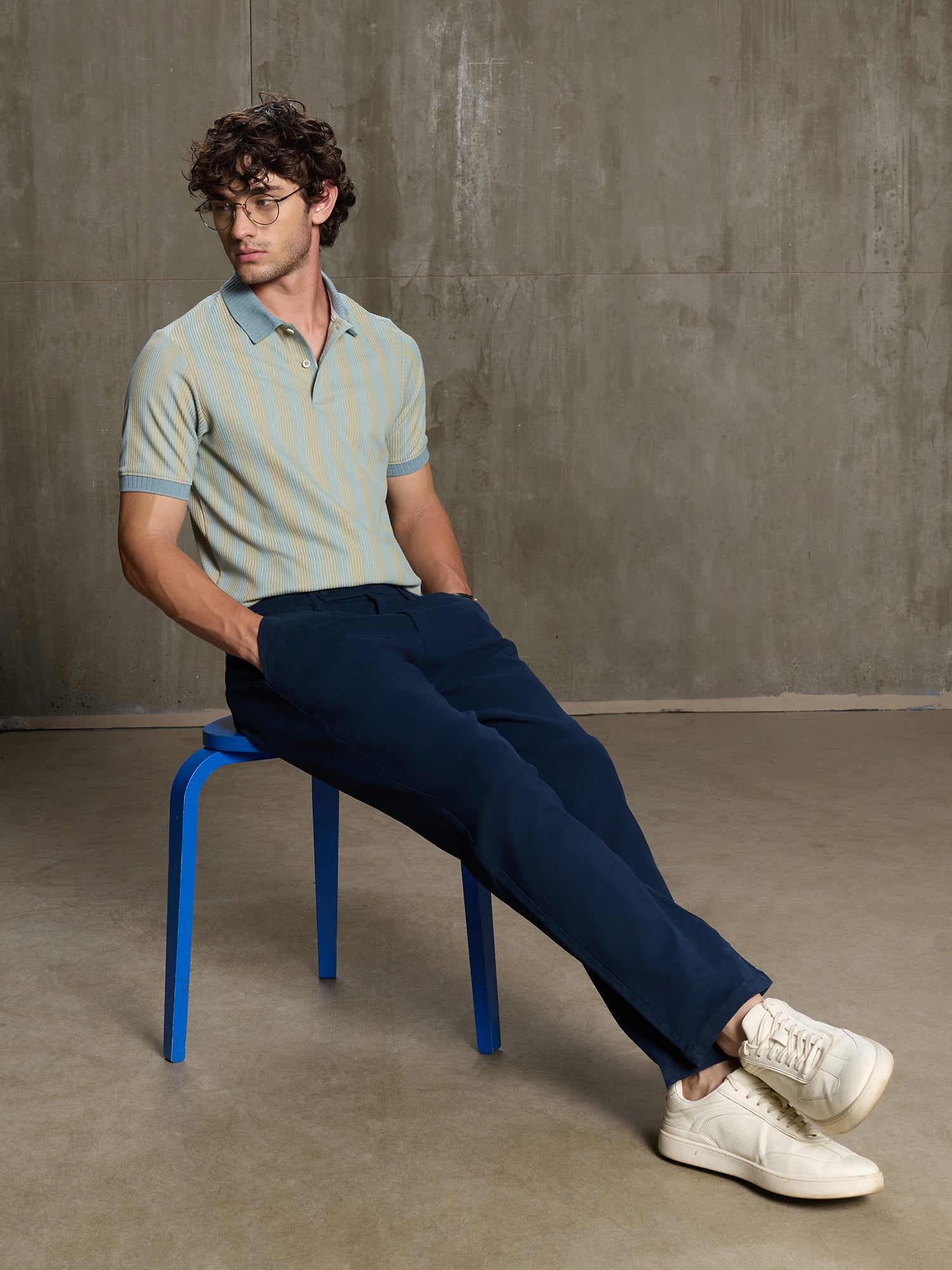 Men Light Blue Striped Half Sleeve Casual T-Shirt