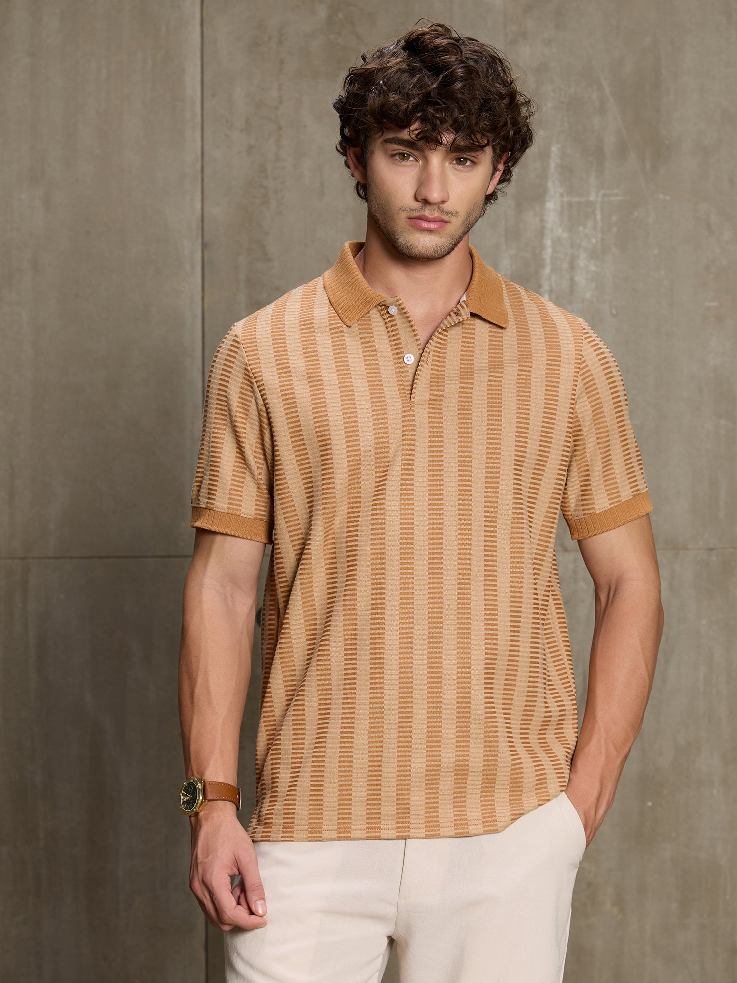 Men Beige Self-Design Half Sleeve Casual T-Shirt