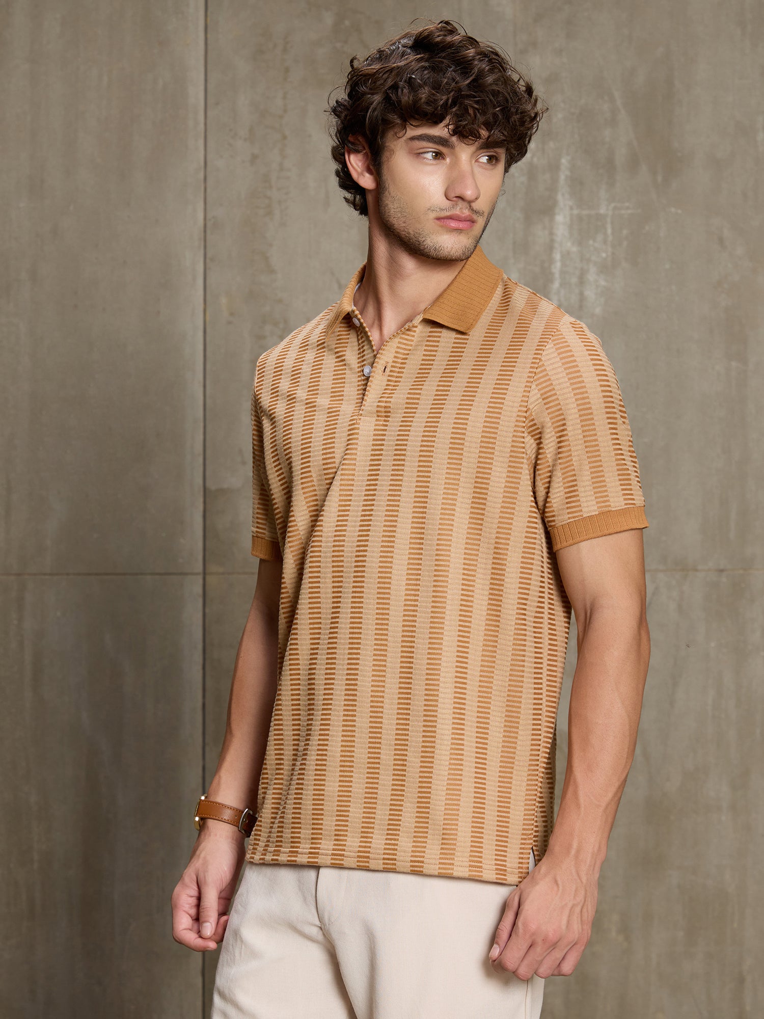 Men Beige Self-Design Half Sleeve Casual T-Shirt