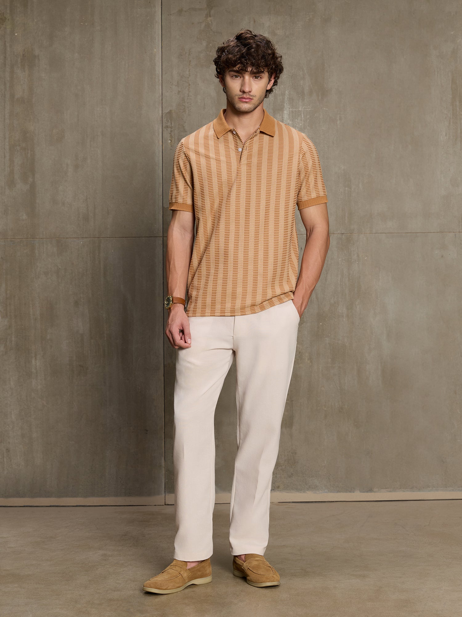 Men Beige Self-Design Half Sleeve Casual T-Shirt
