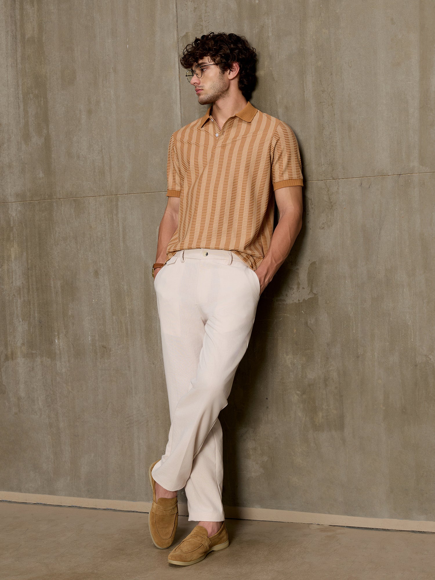 Men Beige Self-Design Half Sleeve Casual T-Shirt