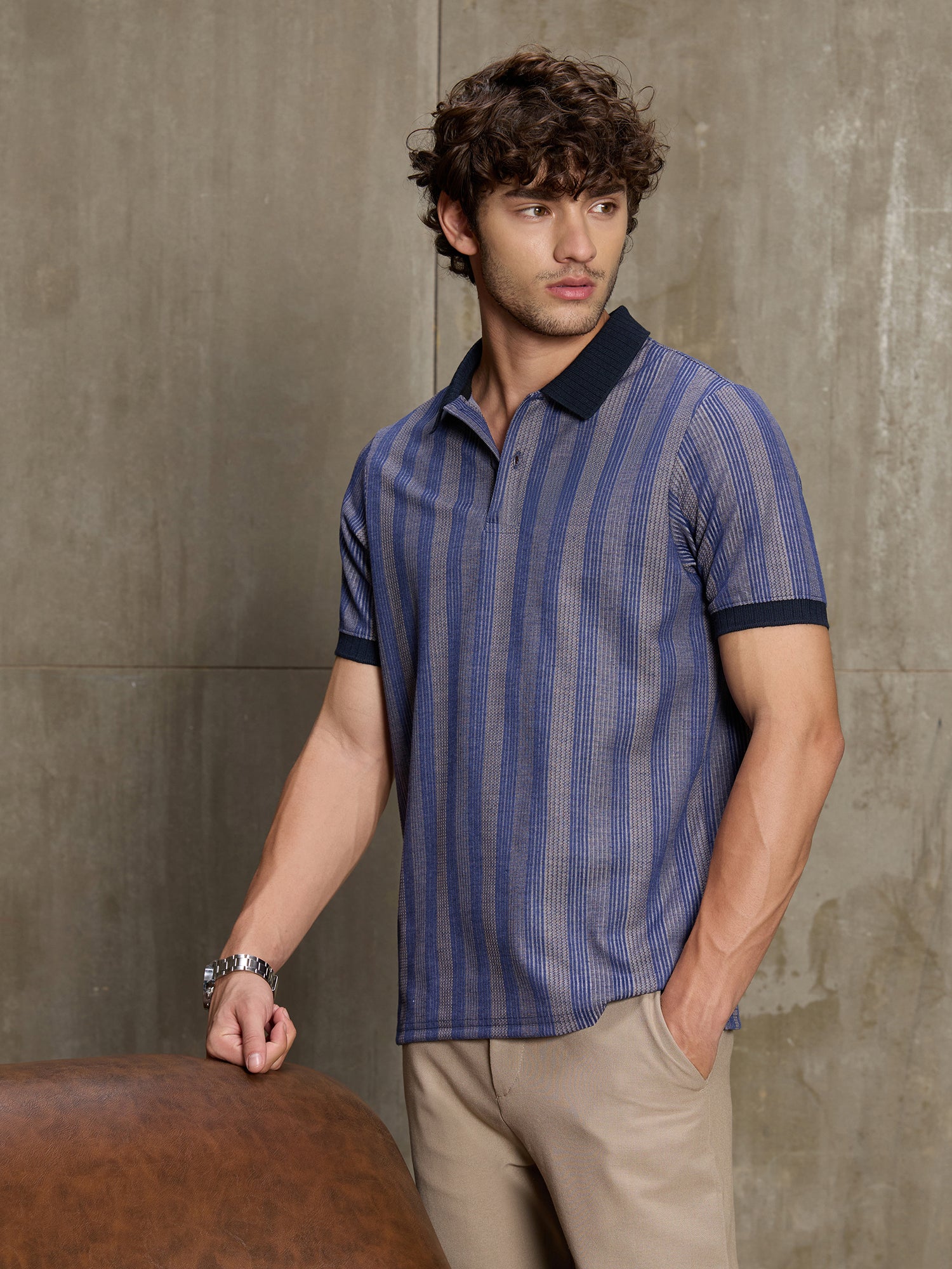 Men Blue Striped Half Sleeve Casual T-Shirt