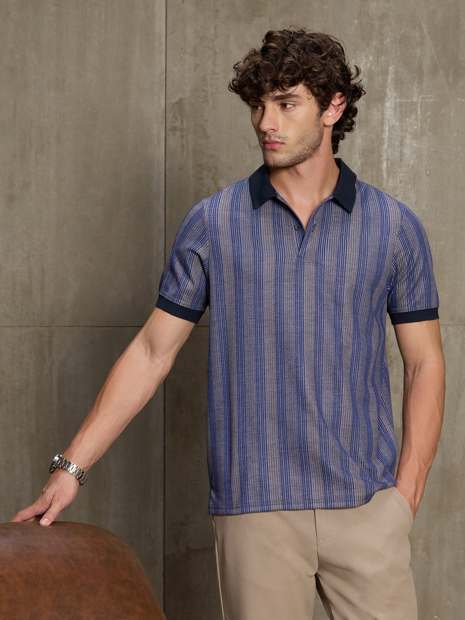Men Blue Striped Half Sleeve Casual T-Shirt