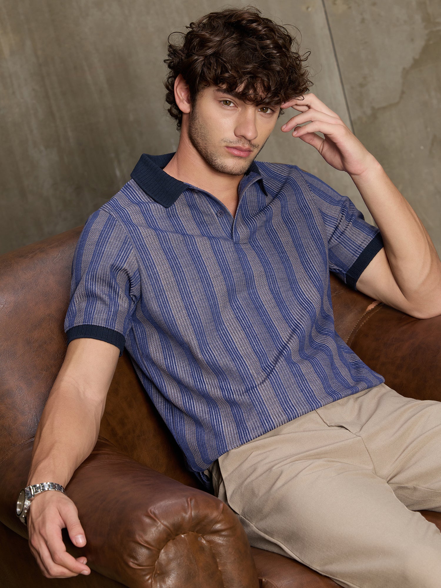 Men Blue Striped Half Sleeve Casual T-Shirt