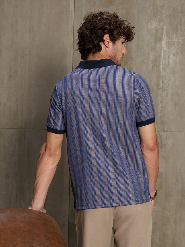 Men Blue Striped Half Sleeve Casual T-Shirt