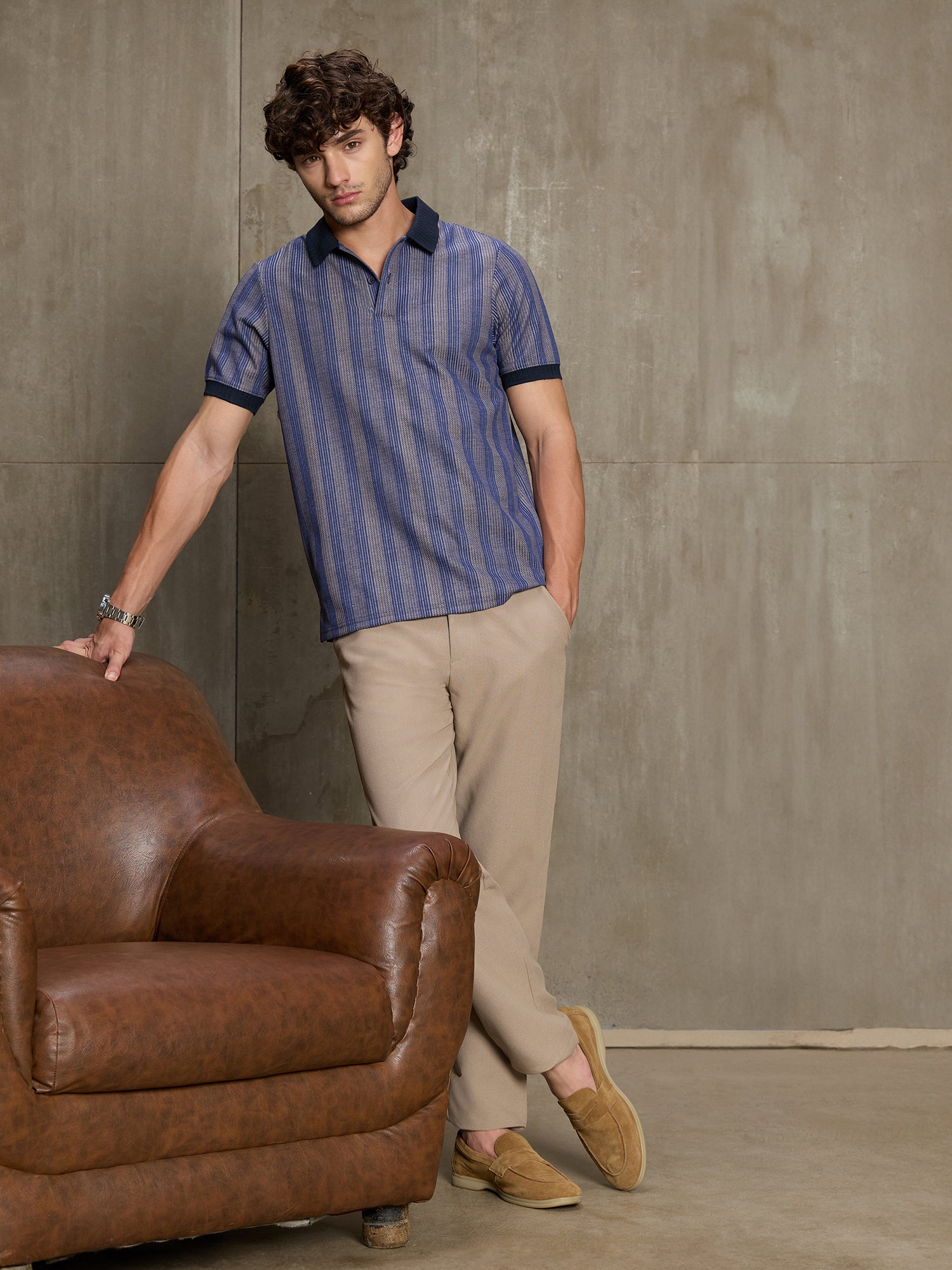 Men Blue Striped Half Sleeve Casual T-Shirt