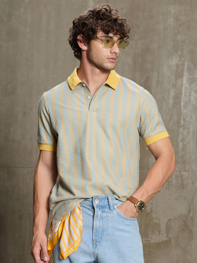 Men Light Blue Classic Striped Half Sleeve T-Shirt