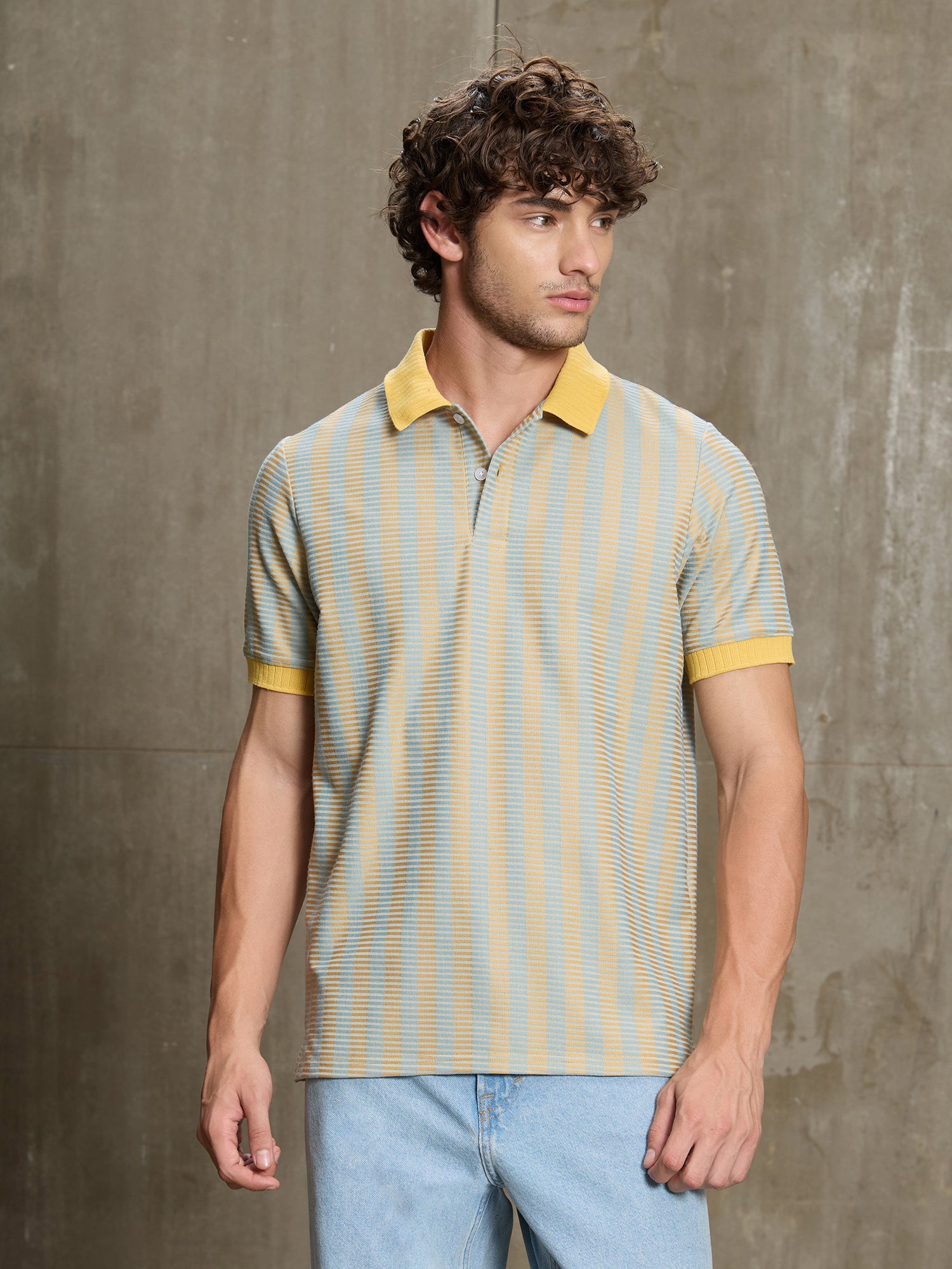 Men Light Blue Classic Striped Half Sleeve T-Shirt