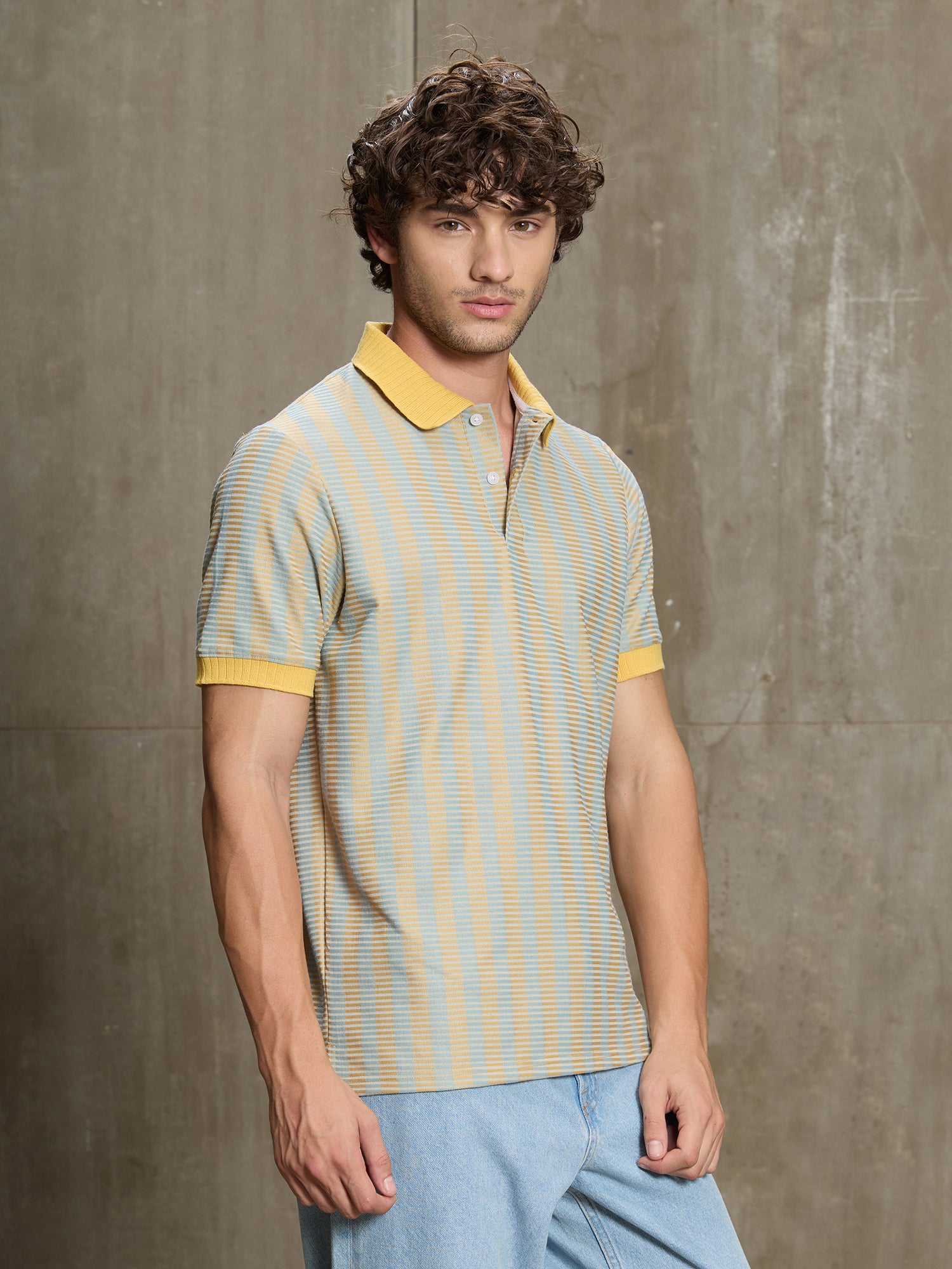 Men Light Blue Classic Striped Half Sleeve T-Shirt