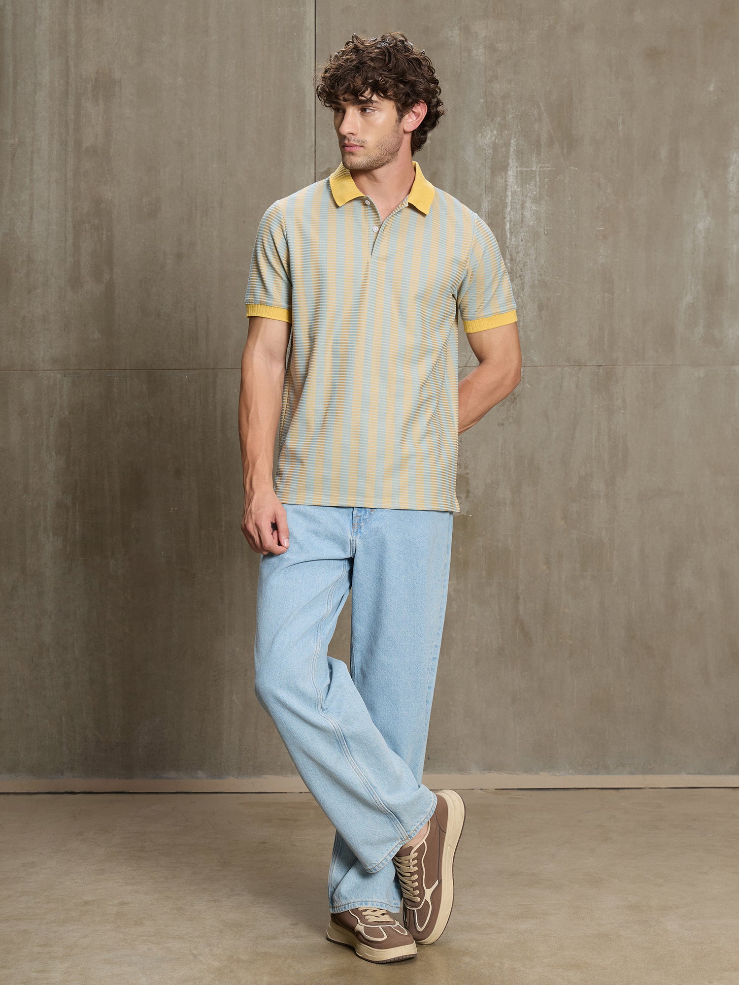 Men Light Blue Classic Striped Half Sleeve T-Shirt