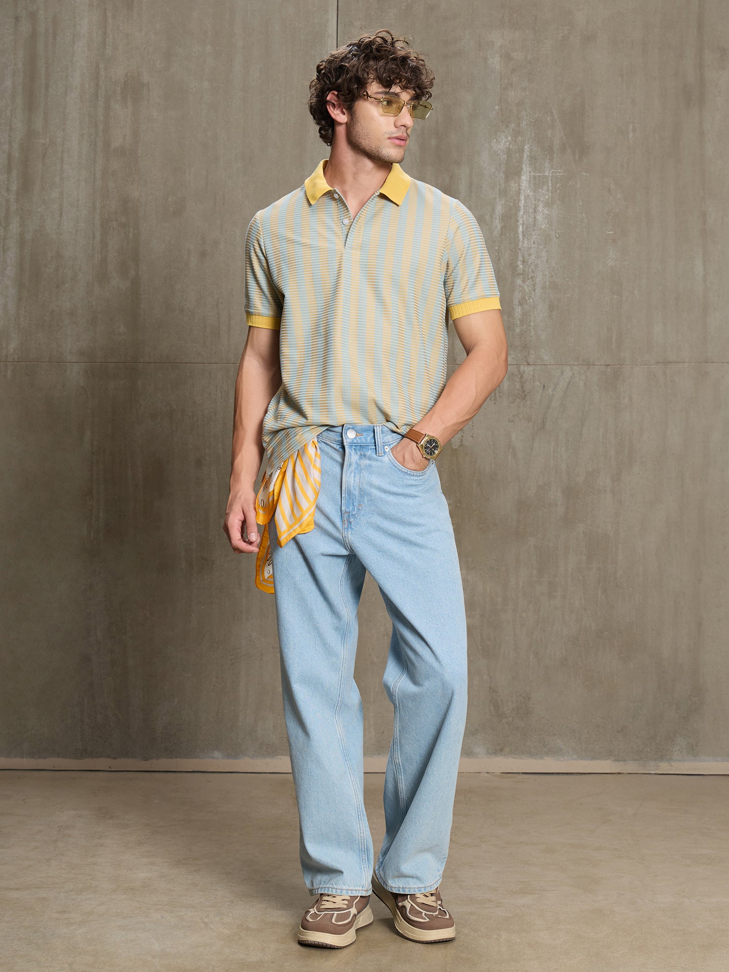 Men Light Blue Classic Striped Half Sleeve T-Shirt