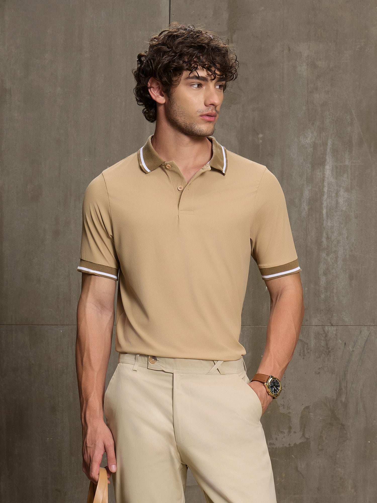 Men Beige Textured Self-Design Half Sleeve T-Shirt