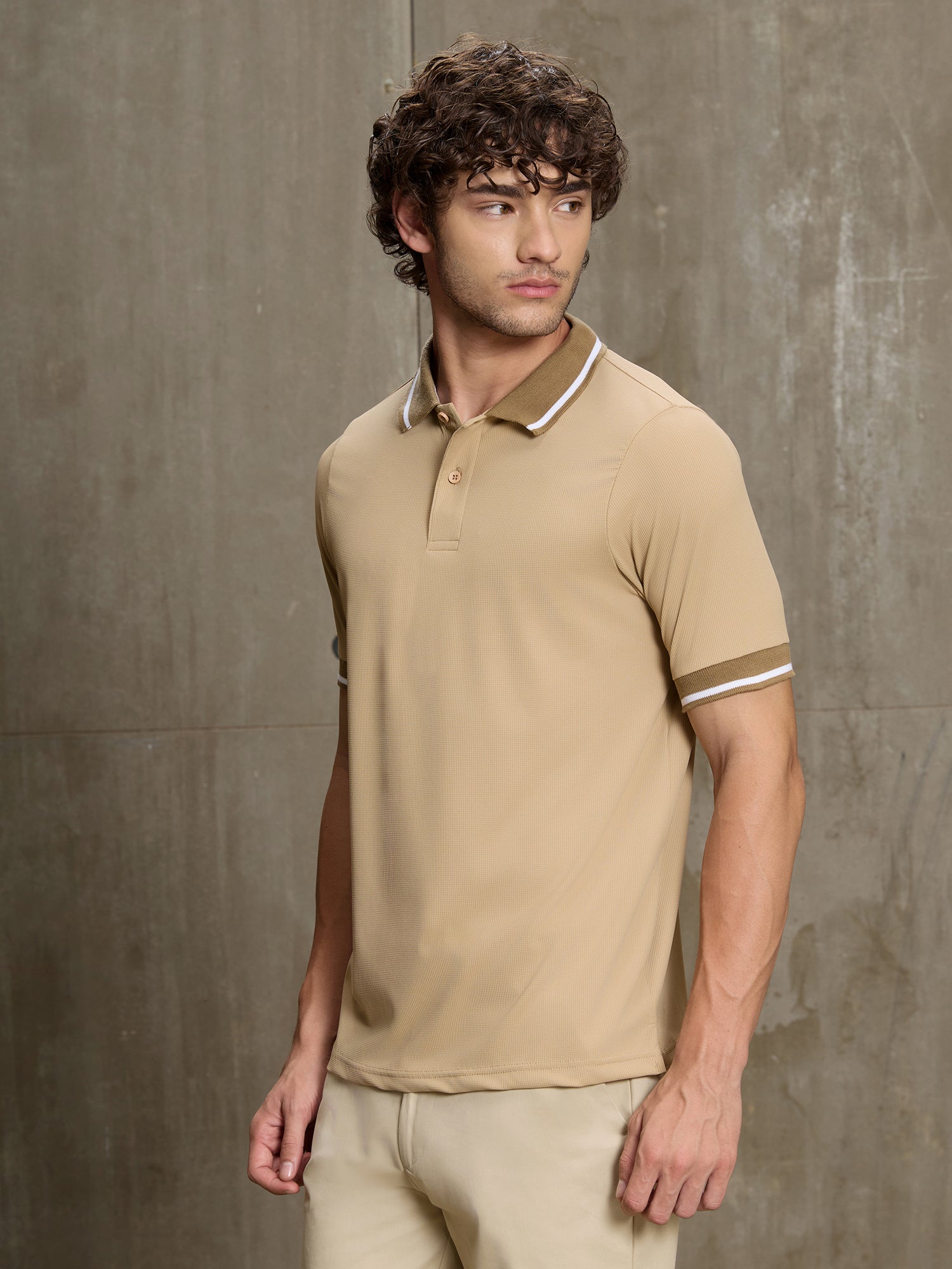 Men Beige Textured Self-Design Half Sleeve T-Shirt
