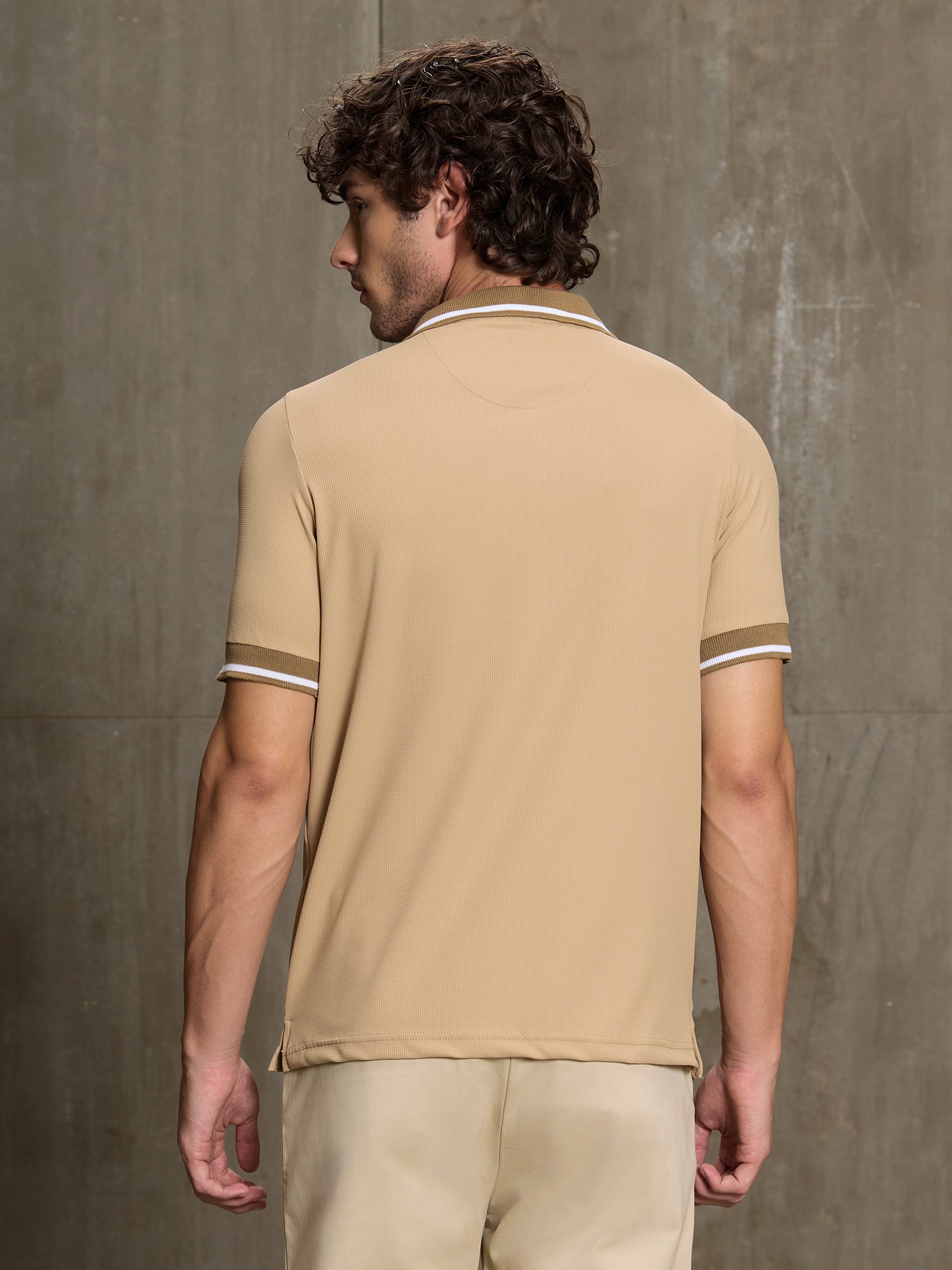 Men Beige Textured Self-Design Half Sleeve T-Shirt