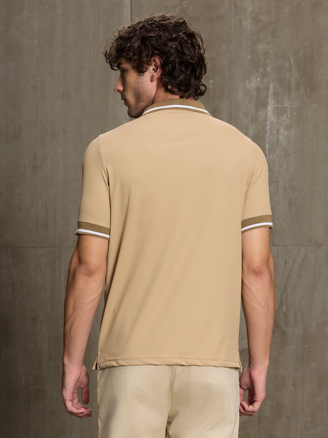 Men Beige Textured Self-Design Half Sleeve T-Shirt