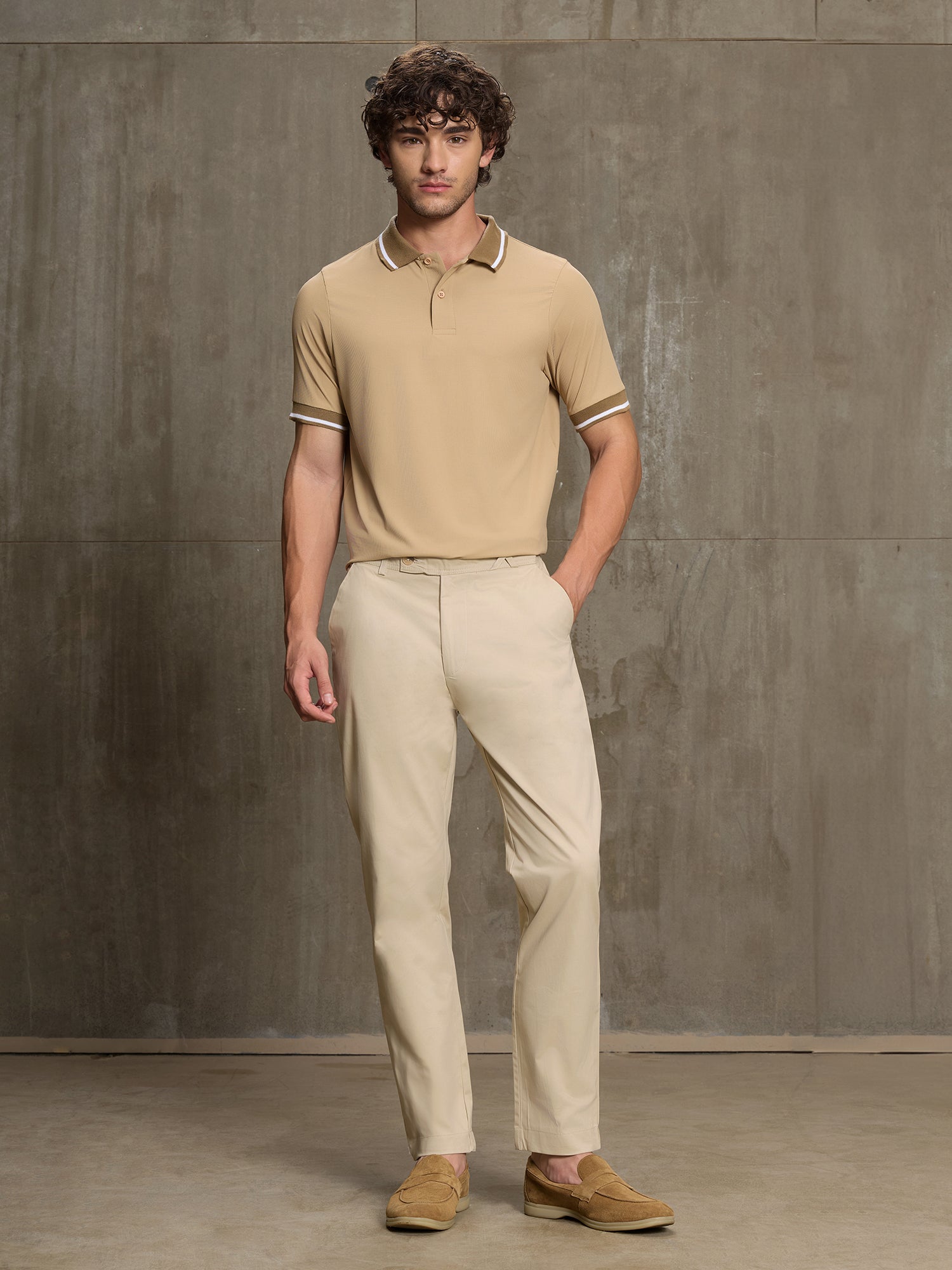 Men Beige Textured Self-Design Half Sleeve T-Shirt