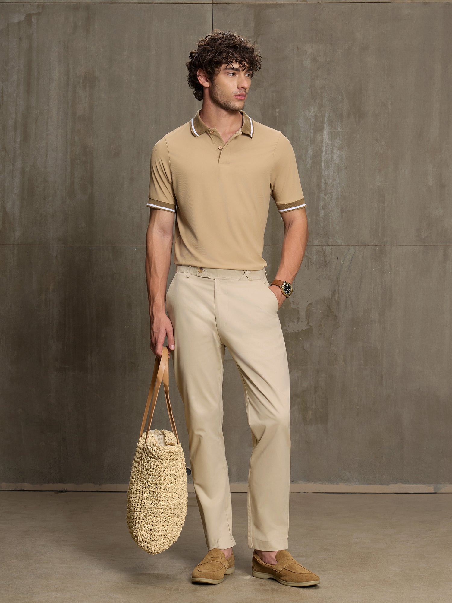 Men Beige Textured Self-Design Half Sleeve T-Shirt