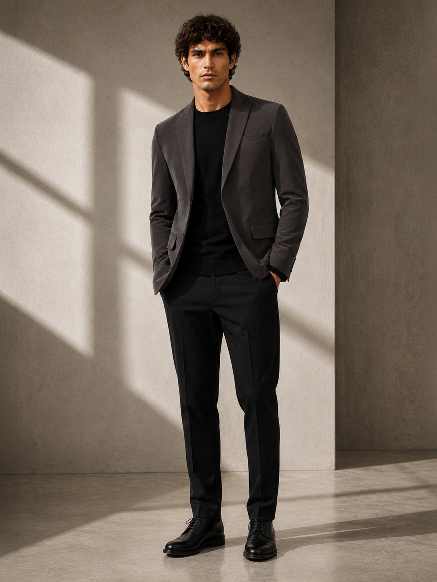 Men Charcoal Grey Solid Regular Fit Formal Blazer