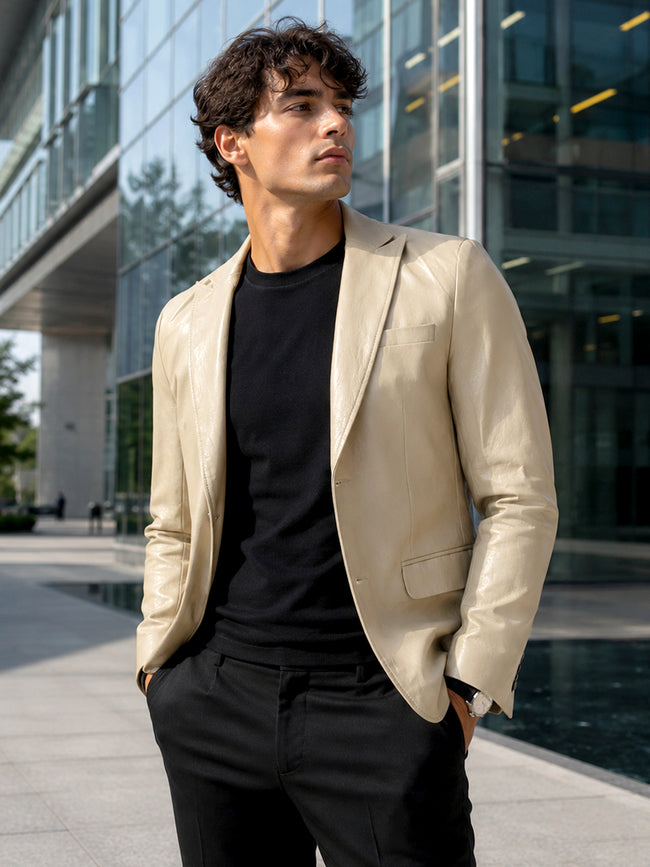 Men Beige Solid Slim Fit Casual Blazer