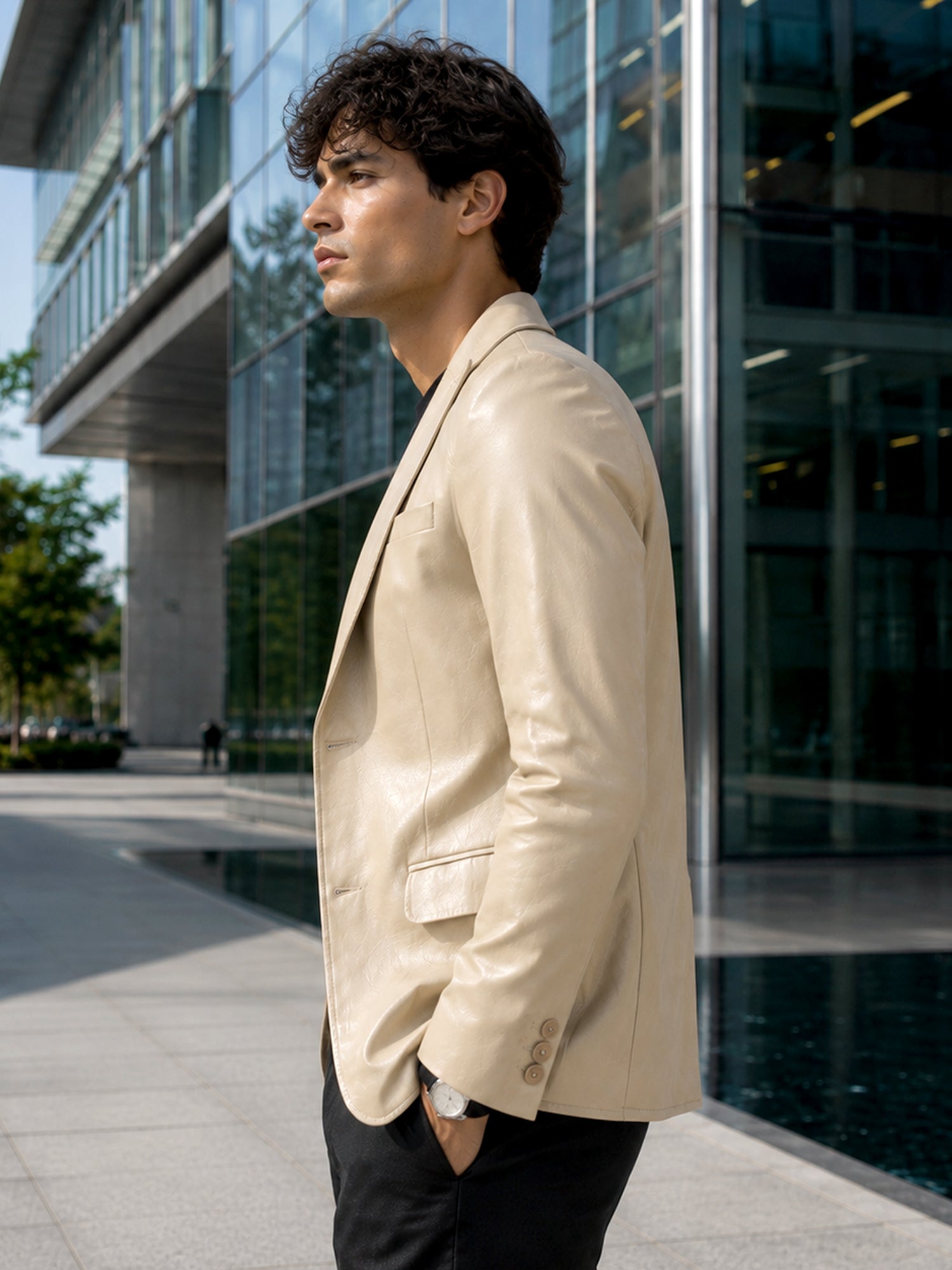 Men Beige Solid Slim Fit Casual Blazer