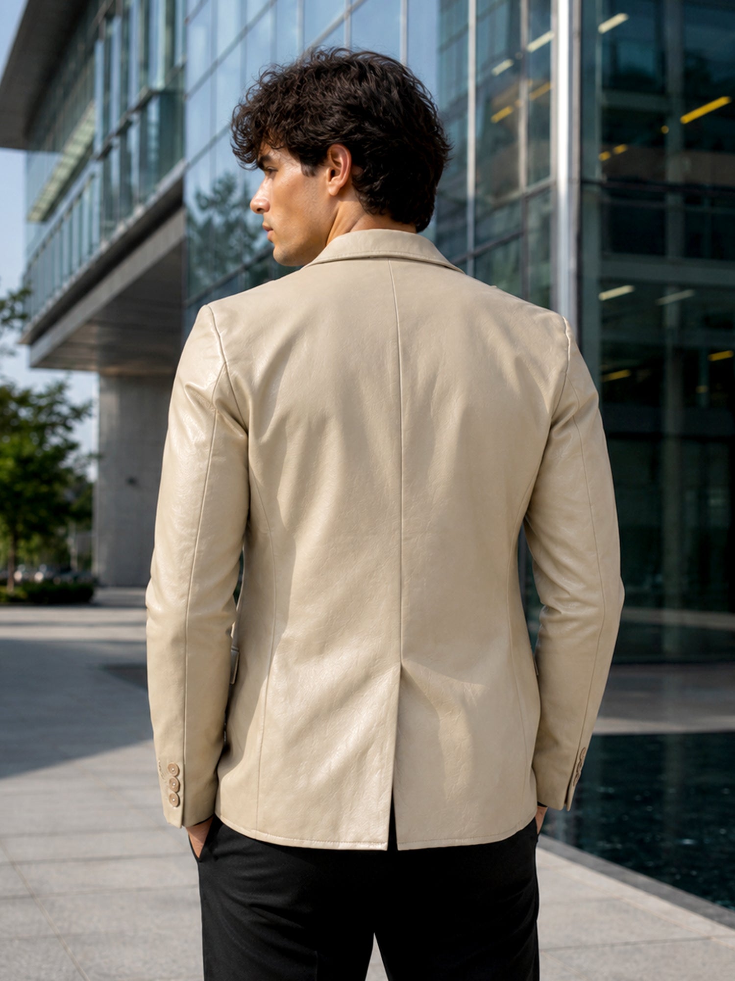 Men Beige Solid Slim Fit Casual Blazer